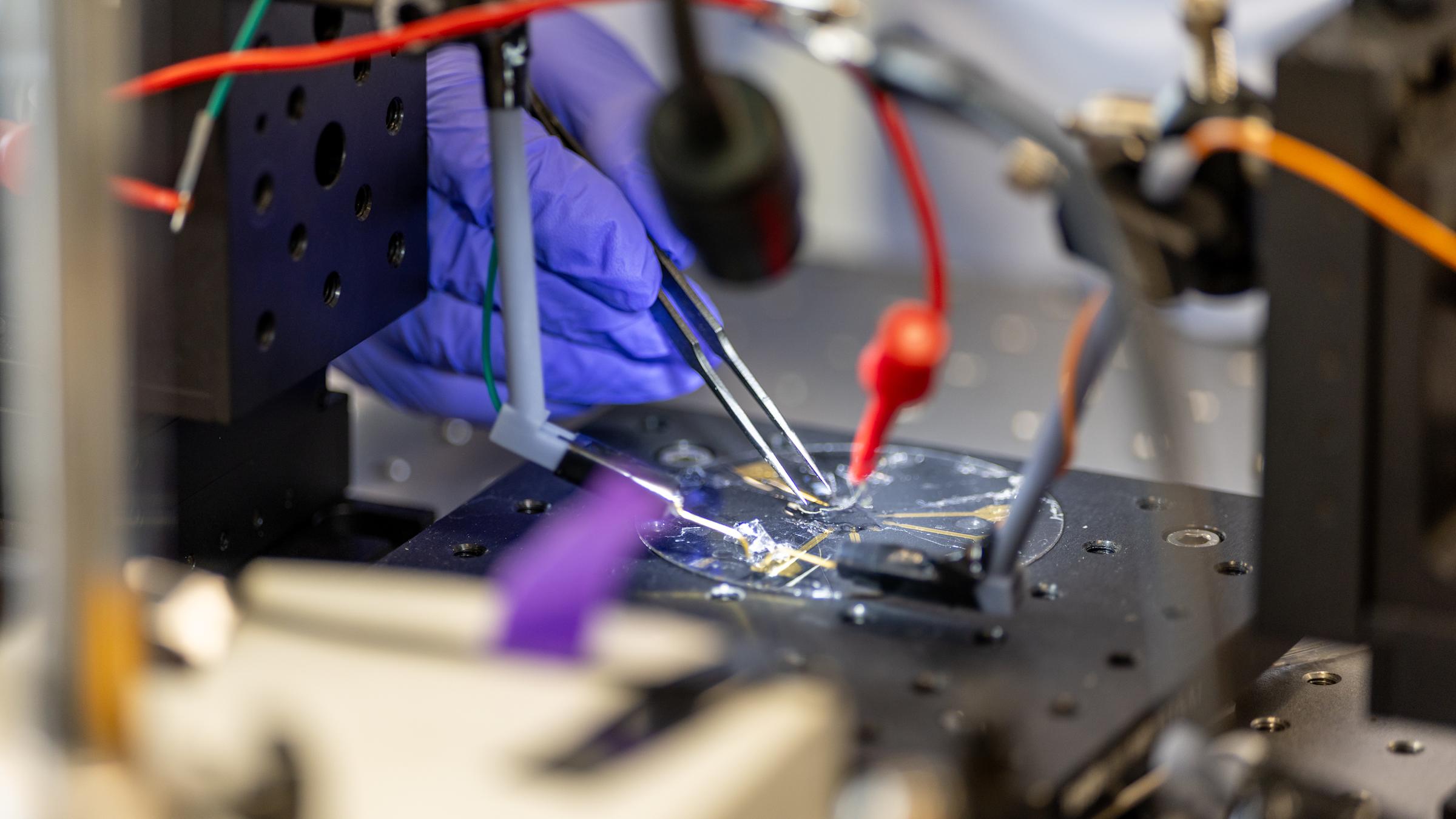 Gloved hands use tweezers to adjust components on a wired electronic setup in a lab.