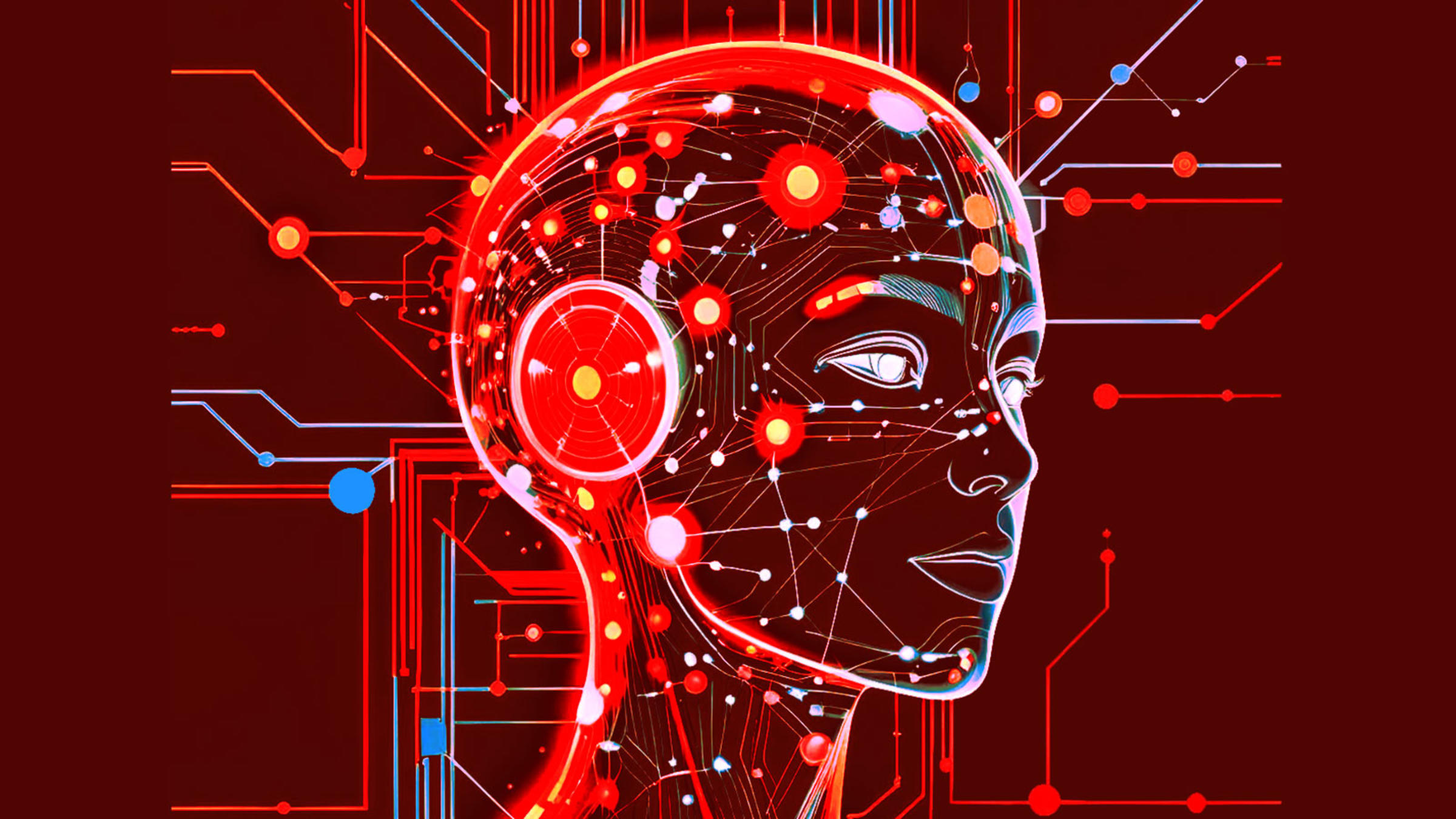 Artificial intelligence, machine learning concept with brain. Color gradient, neon lights.