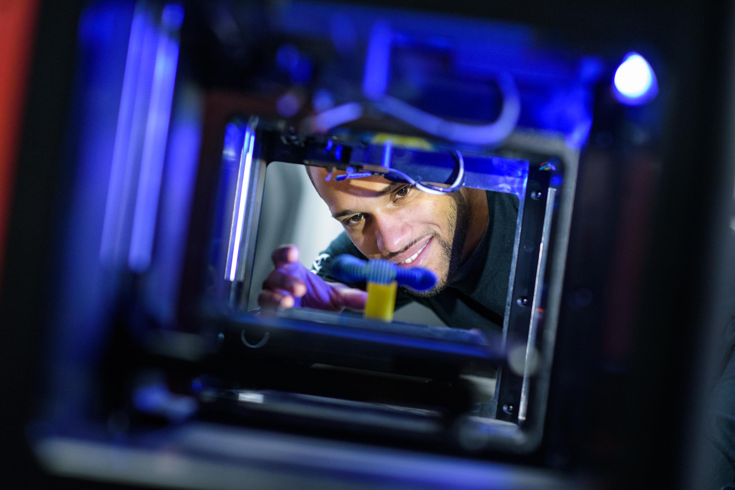 An inside view of a 3D printer in the proof lab