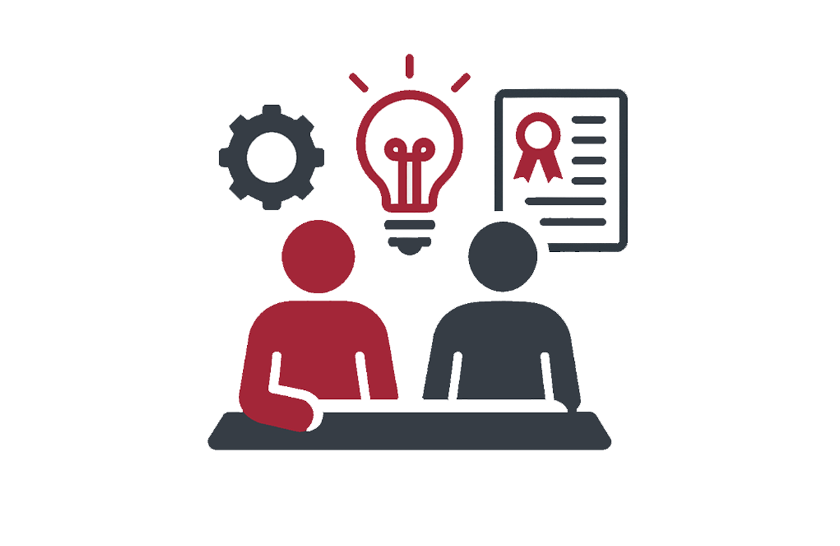 Illustration of two generic people seated at a desk with icons of a gear, light bulb and diploma.