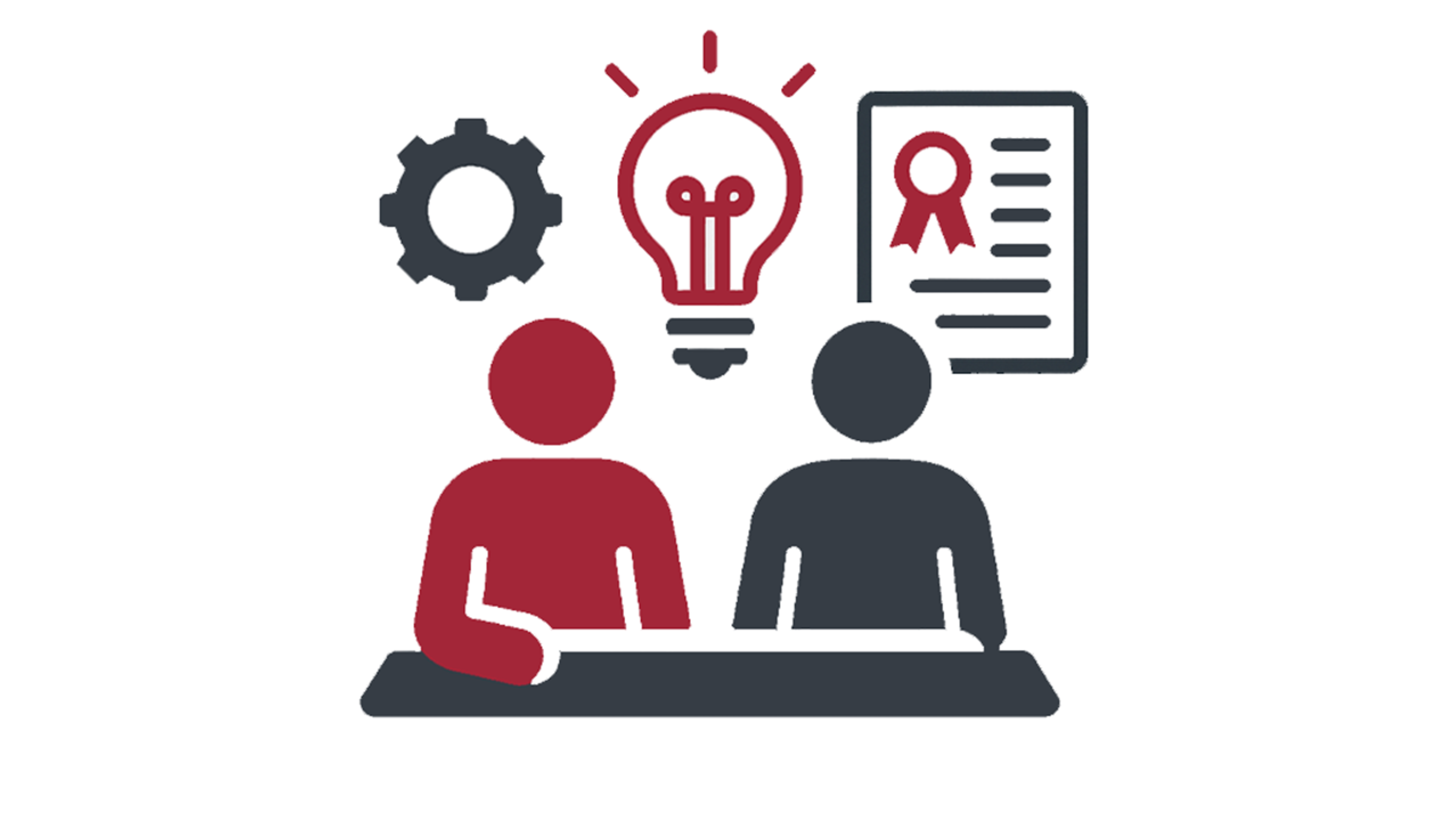 Illustration of two generic people seated at a desk with icons of a gear, light bulb and diploma.