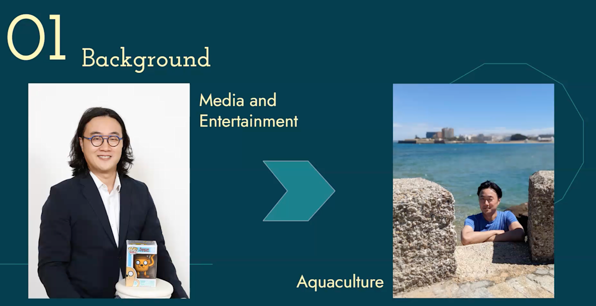 Two photos of Joshua Oh. The first representing his work in media. The second representing his work in aquaculture.