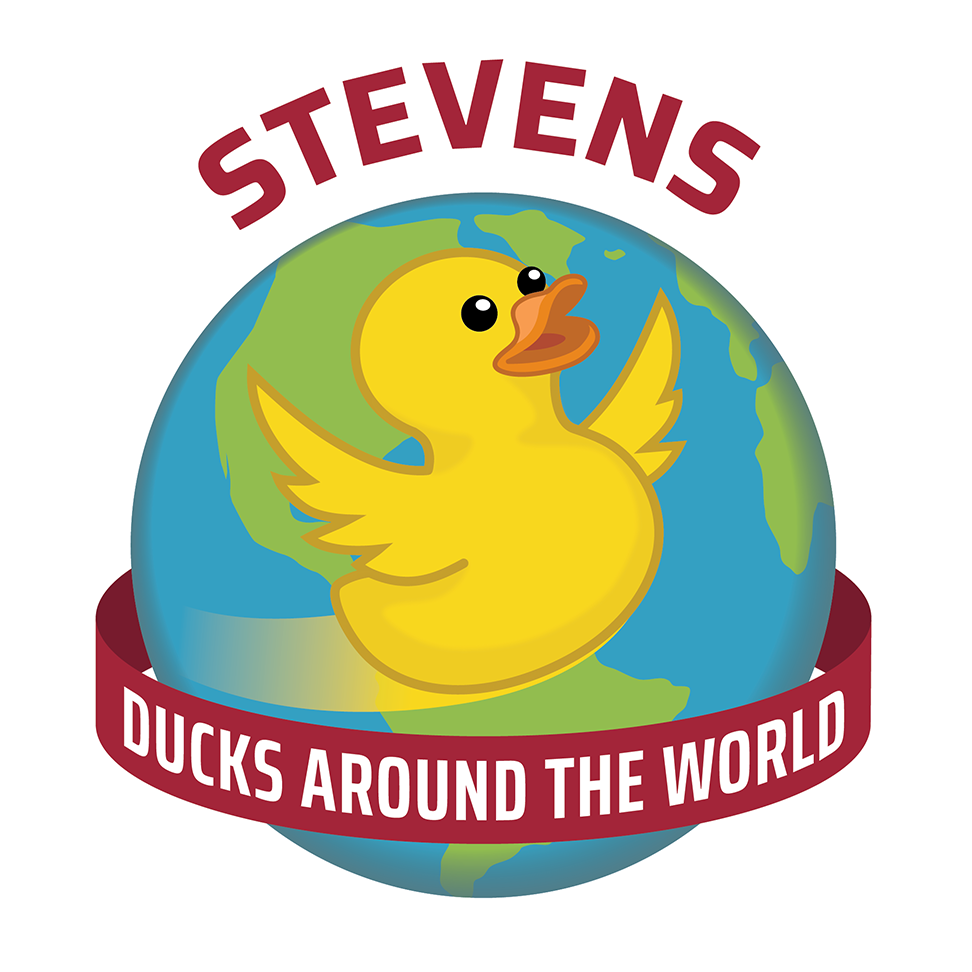 Duck in front of globe with title Ducks around the world below
