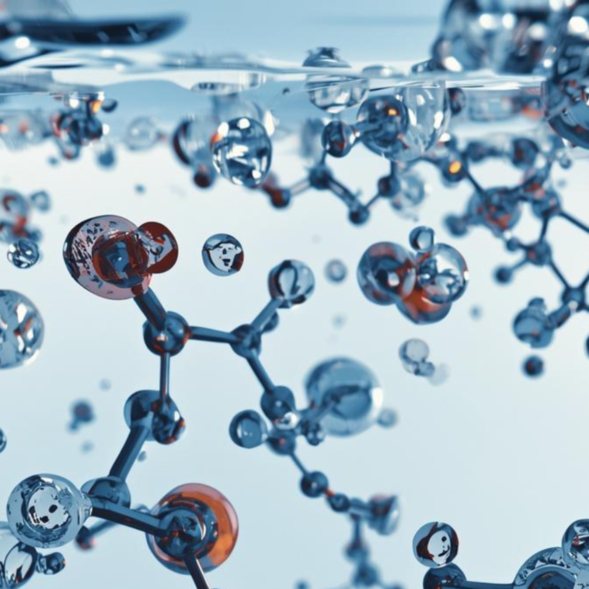Abstract molecular structures with transparent spheres and connecting rods submerged in liquid, with bubbles visible near the surface.
