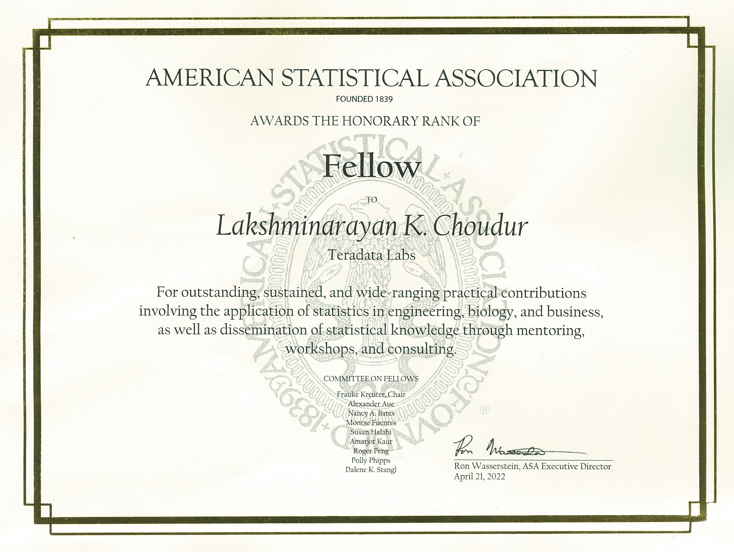 SSB American Statistical Association Fellow Certificate