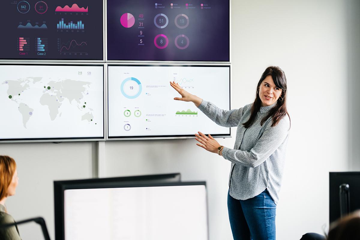 woman with data screens