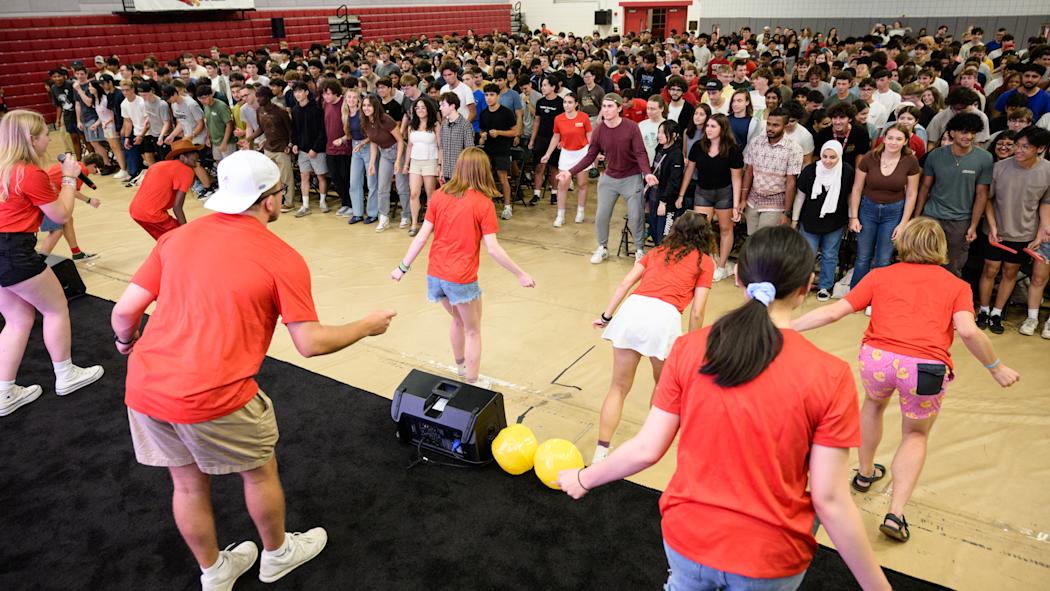 Students doing the duck dance.