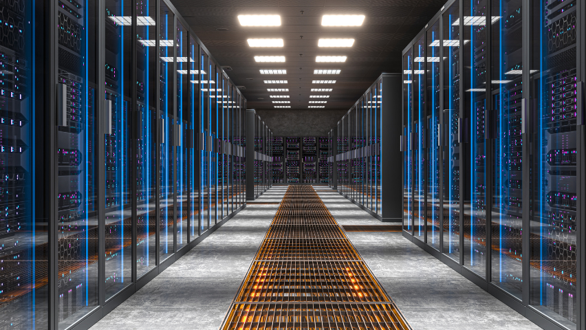 Network servers in data center blue glowing lights 3D.