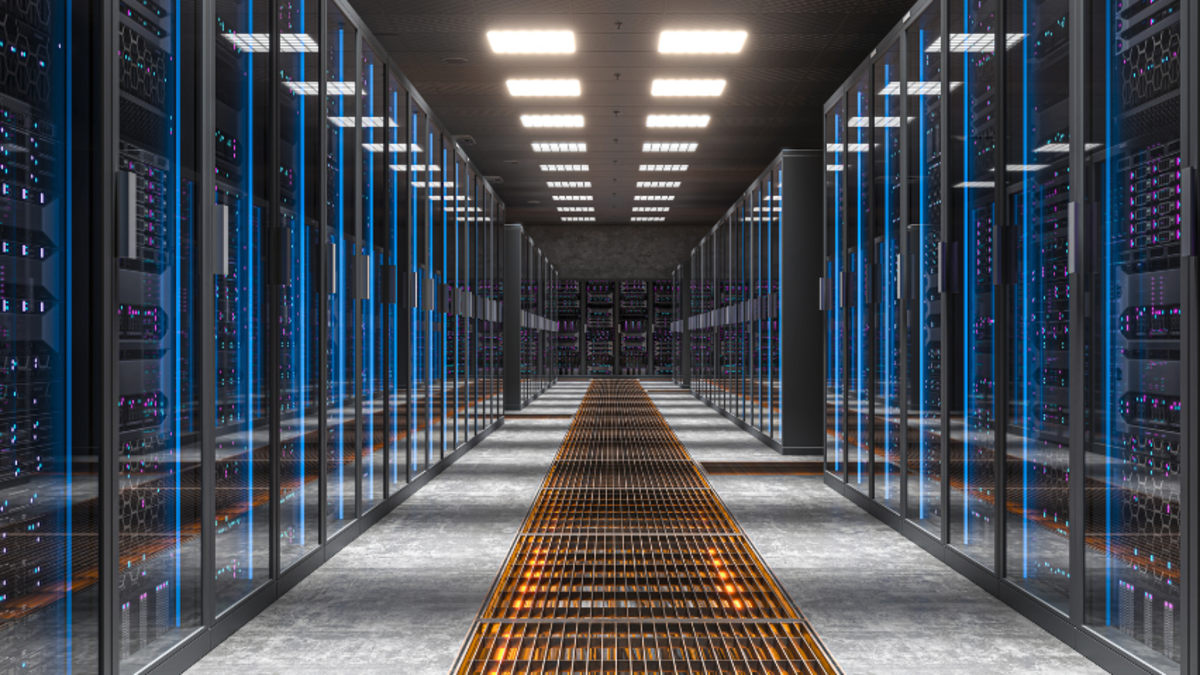 Network servers in data center blue glowing lights 3D.