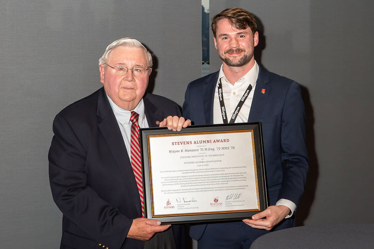 Stevens Alumni Award recipient Wayne R. Monsees ’71 M.Eng. ’72 MMS ’78 poses with SAA President Michael Cahill ’15 M.Eng. ’15