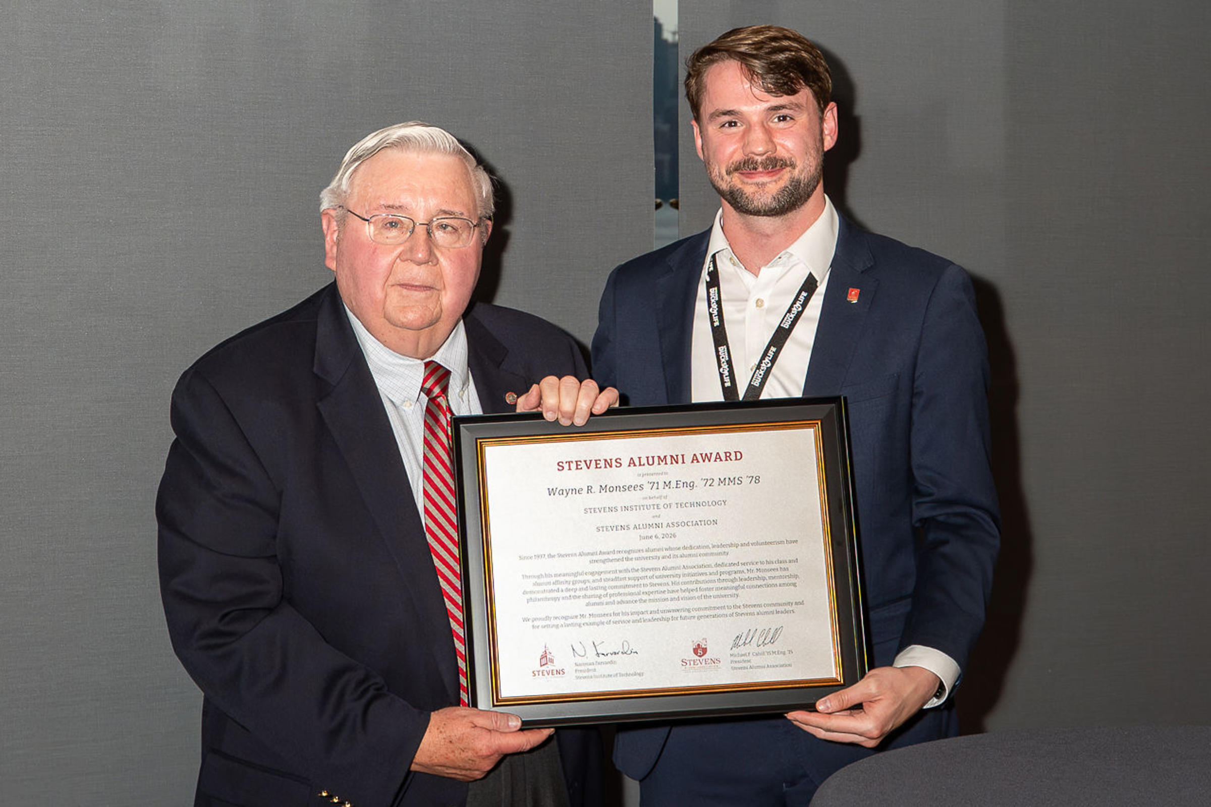 Stevens Alumni Award recipient Wayne R. Monsees ’71 M.Eng. ’72 MMS ’78 poses with SAA President Michael Cahill ’15 M.Eng. ’15