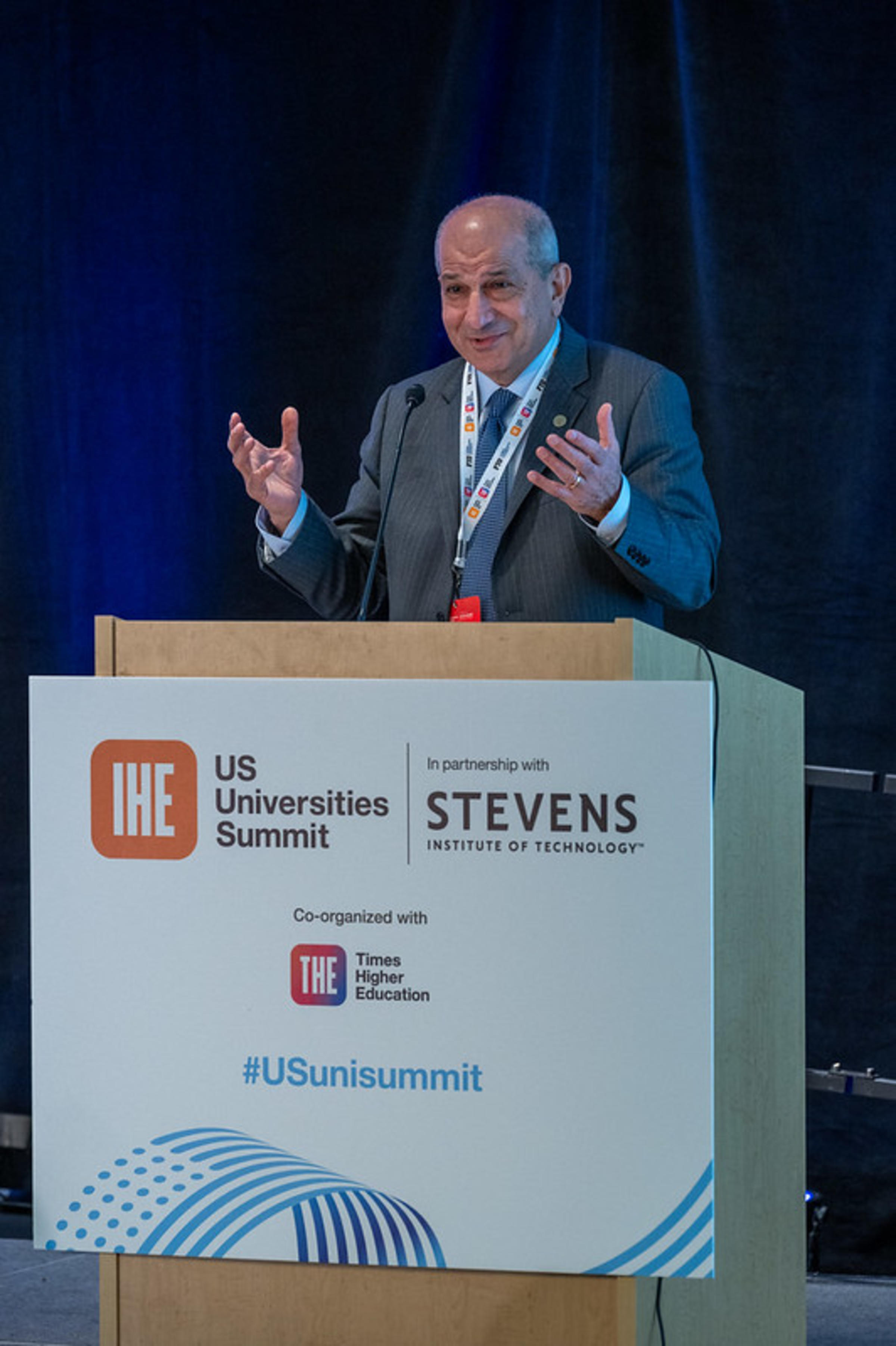 President Nariman Farvardin at the podium at US Universities Summit Oct 2025