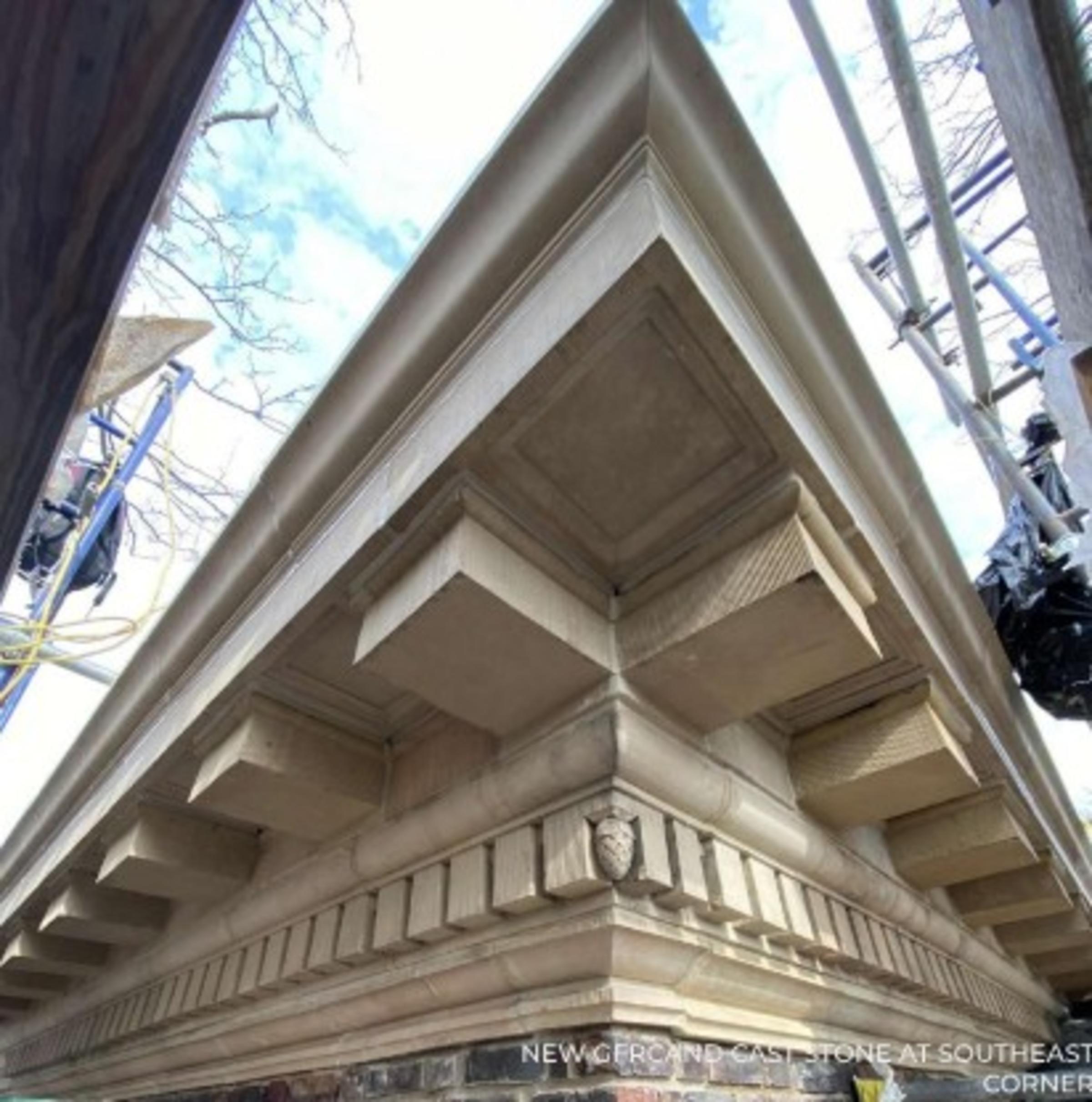 Cornice reconstruction at southwest corner, after restoration