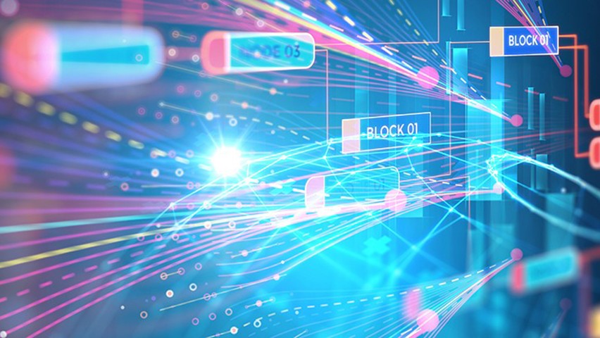 Text from various nodes on a blue screen with pink highlights.