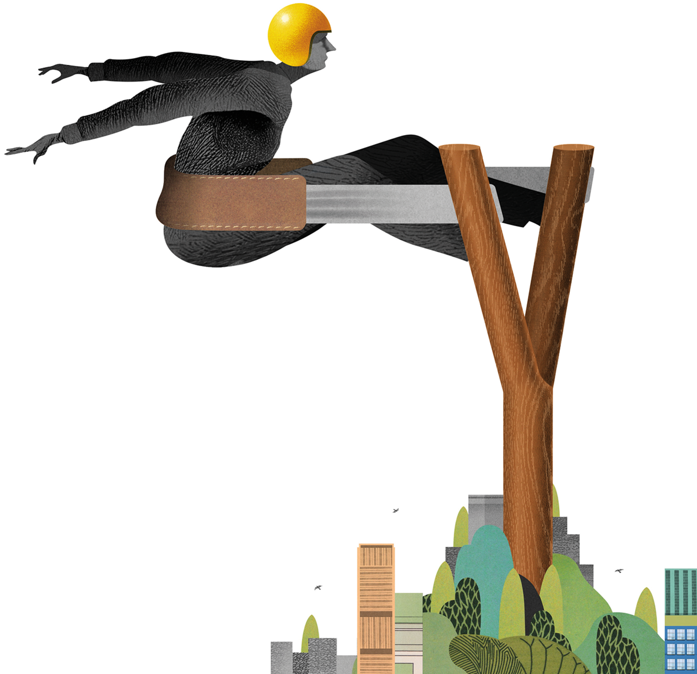 Collage illustration of a person ready to be shot from a slingshot