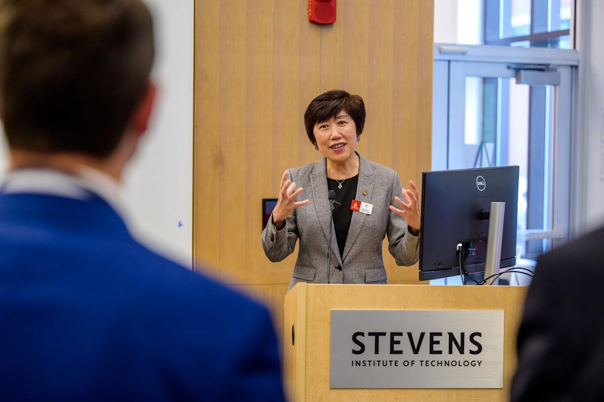 Stevens dean Jean Zu speaking at Stevens event