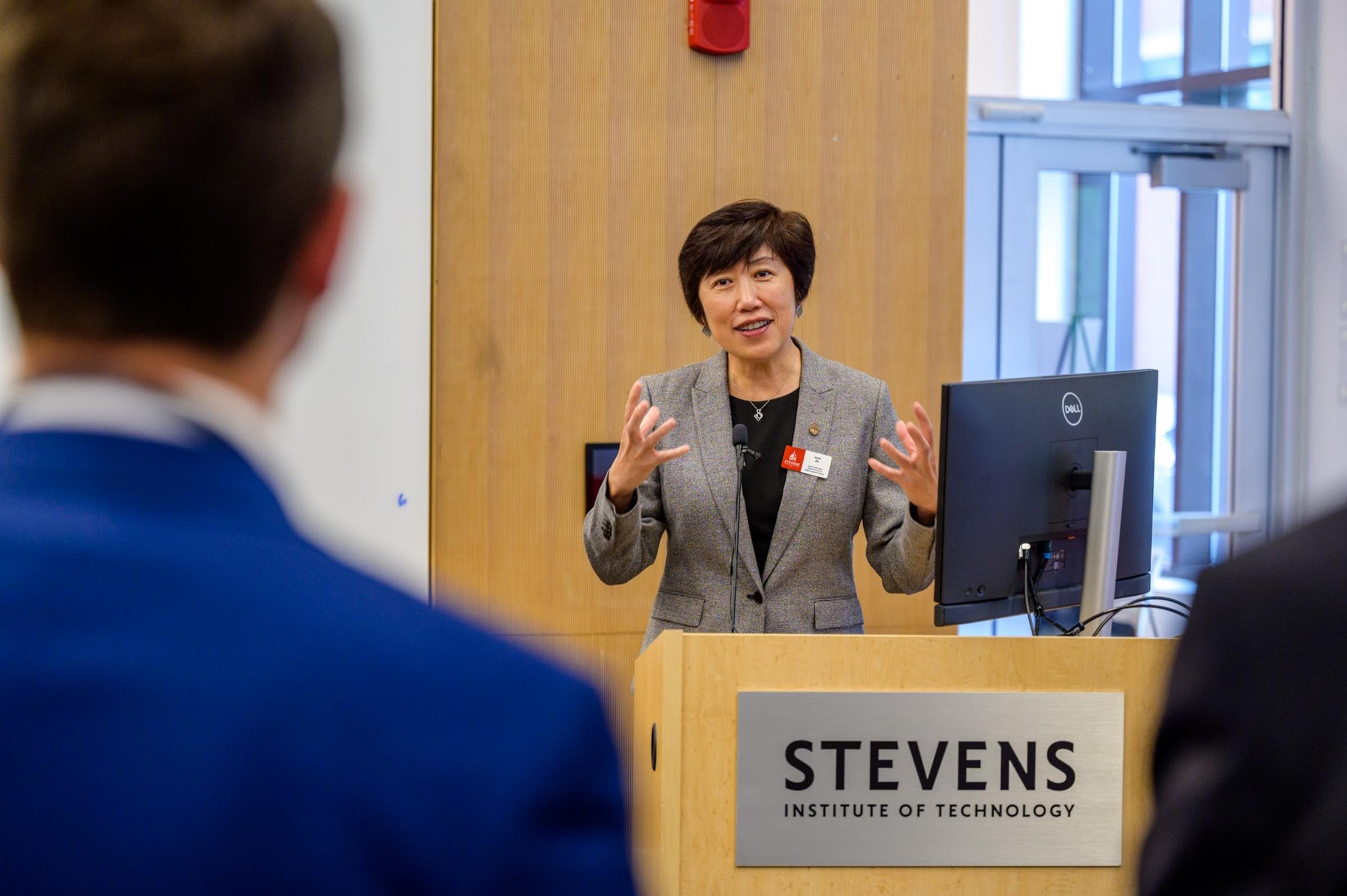 Stevens dean Jean Zu speaking at Stevens event