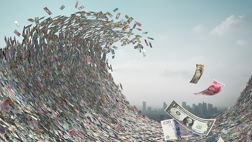 An illustration of a tidal wave of currencies crashing down on a city skyline.