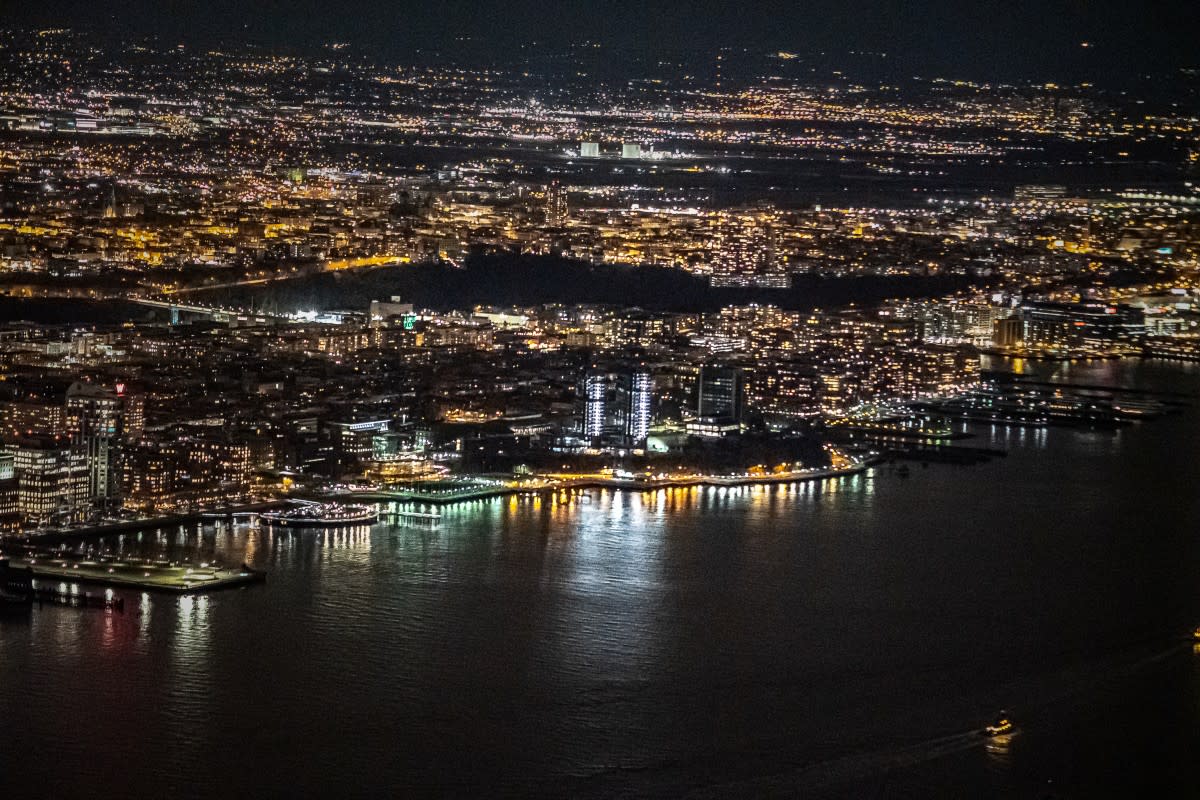 Night view of Stevens campus from New York City