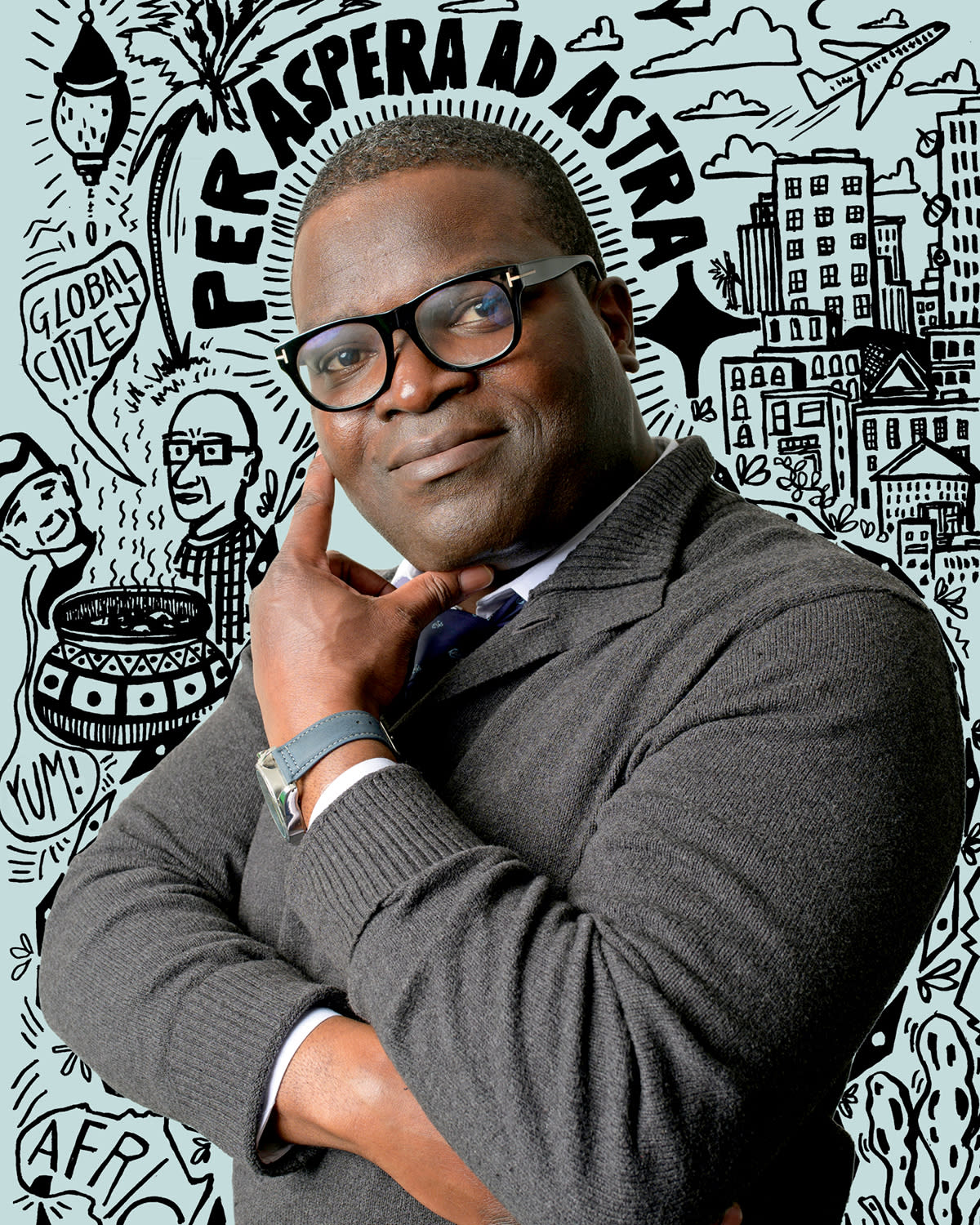 Portrait of Aspa Kokro in front of a dynamic illustration