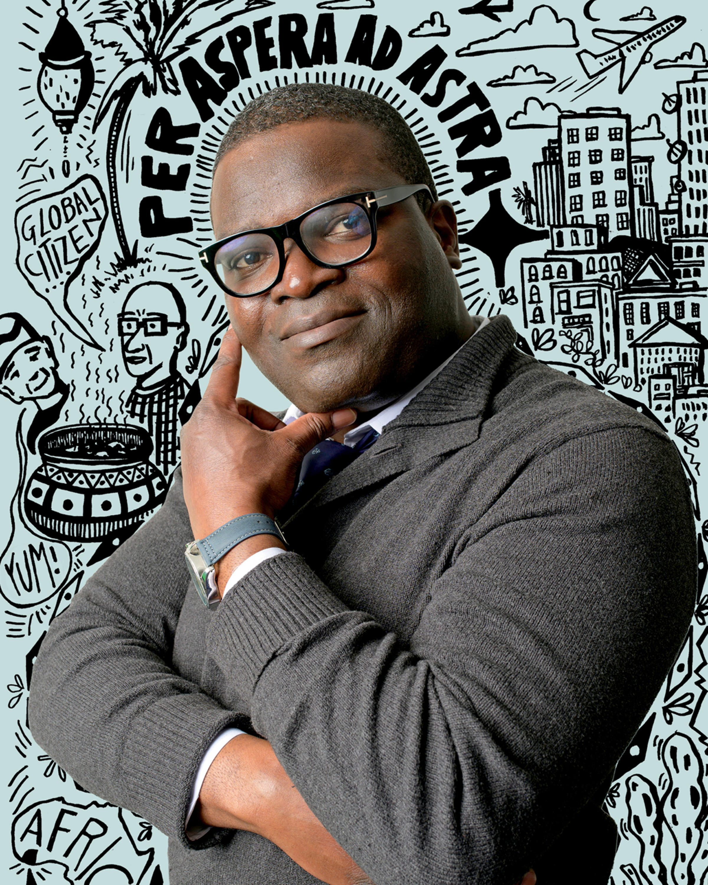 Portrait of Aspa Kokro in front of a dynamic illustration