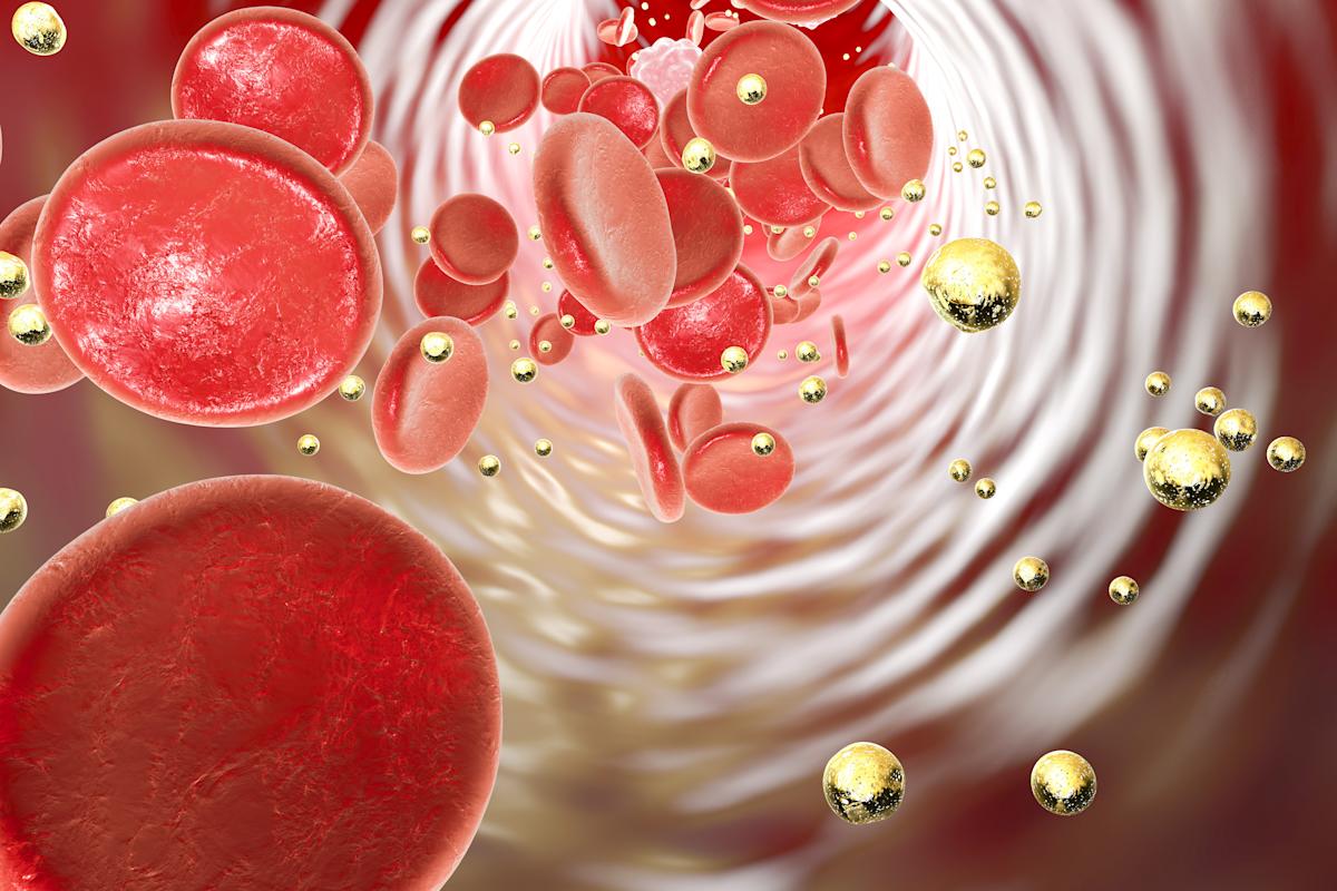 Illsutration of gold particles and red blood cells