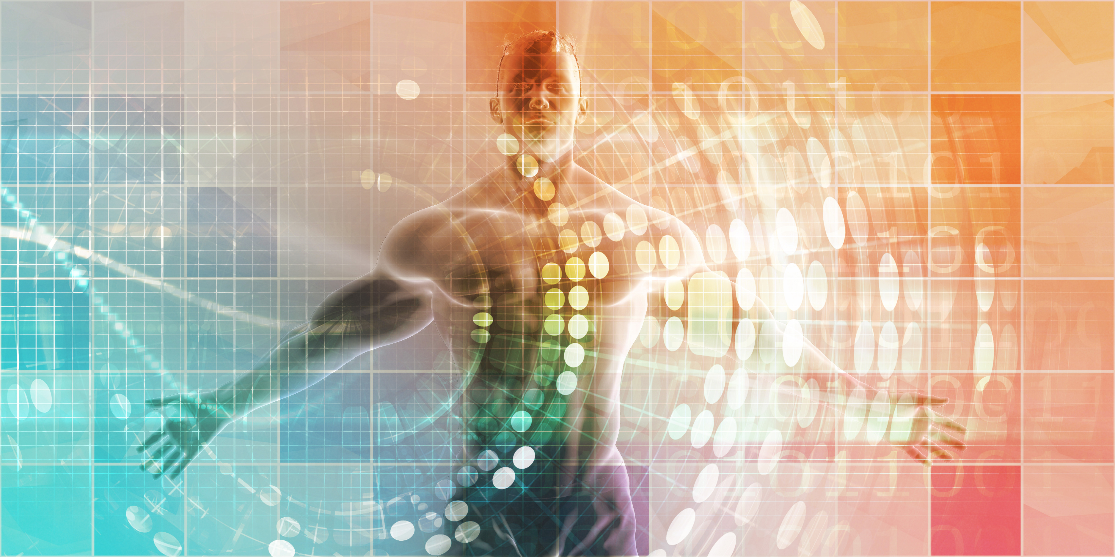 A drawing of a man's body from the waist up with his arms outspread. The background is a colorful grid.