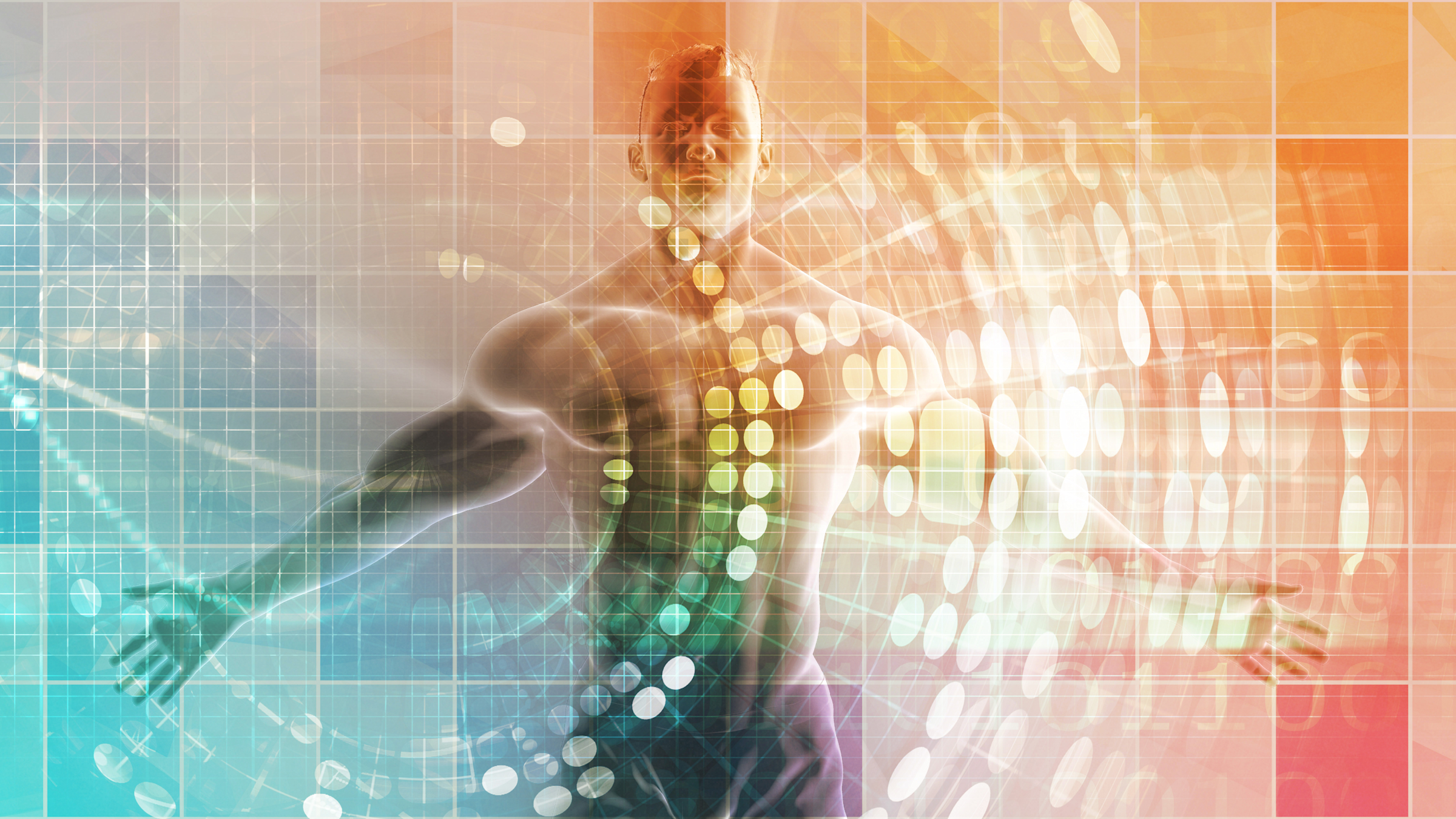 A drawing of a man's body from the waist up with his arms outspread. The background is a colorful grid.
