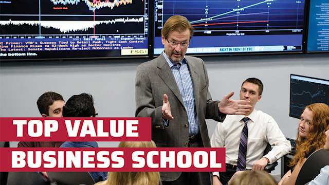 Professor speaks with a group of students. "TOP VALUE BUSINESS SCHOOL" appears in the lower left-hand corner of the image