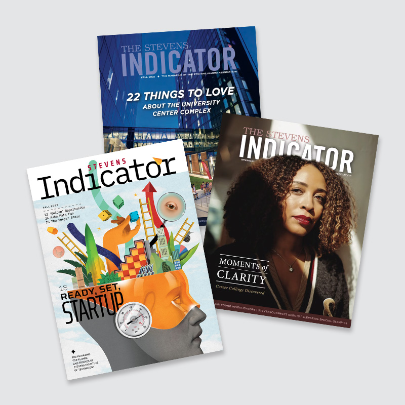 Covers for three issues of the Stevens Indicator