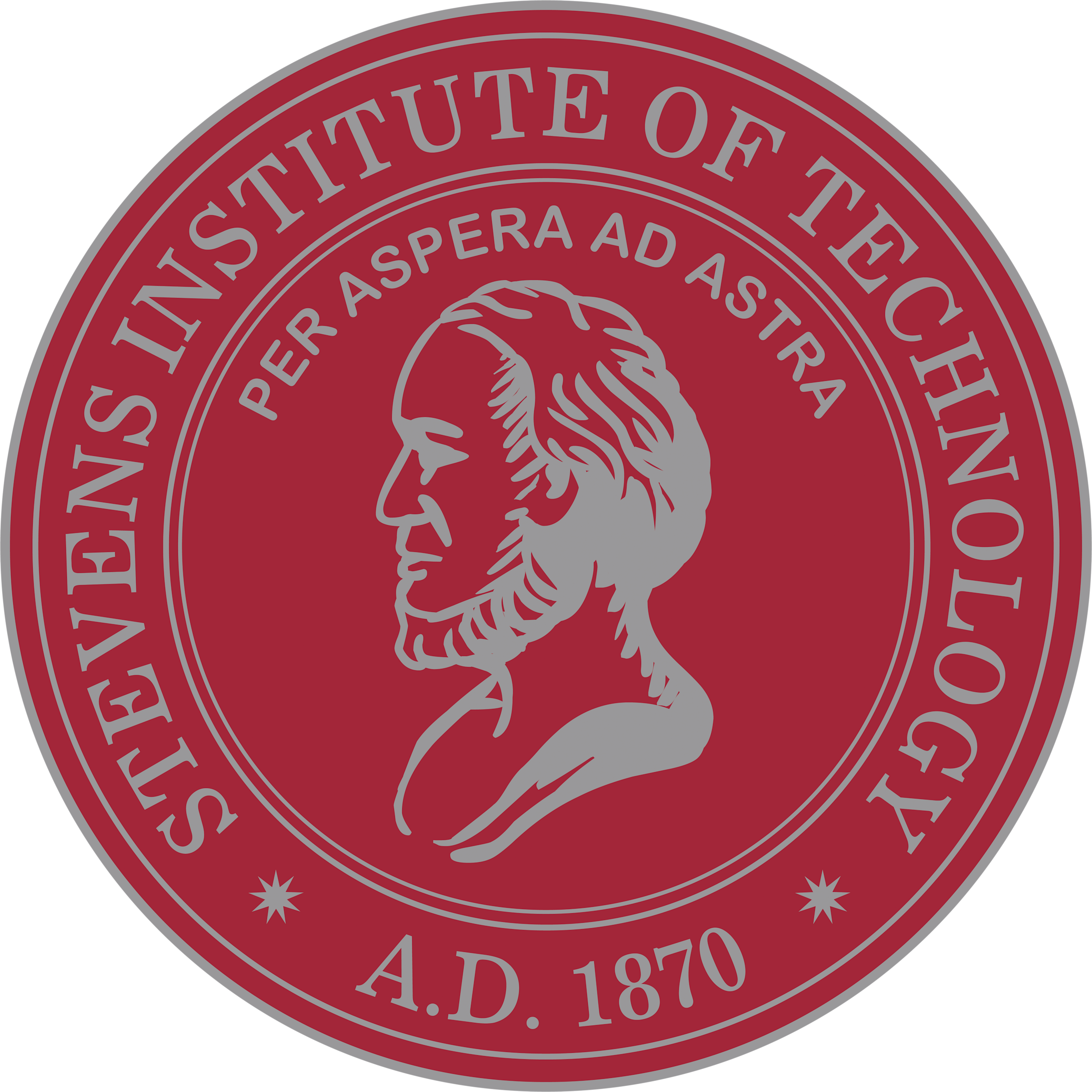 Red and gray circular Stevens Institute of Technology seal, with the image of Edwin A. Stevens’ profile.