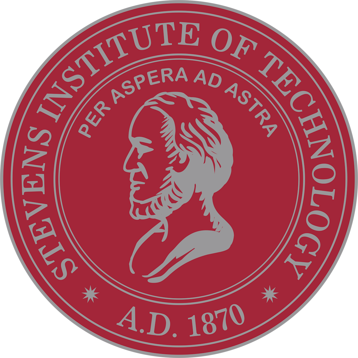 Red and gray circular Stevens Institute of Technology seal, with the image of Edwin A. Stevens’ profile.