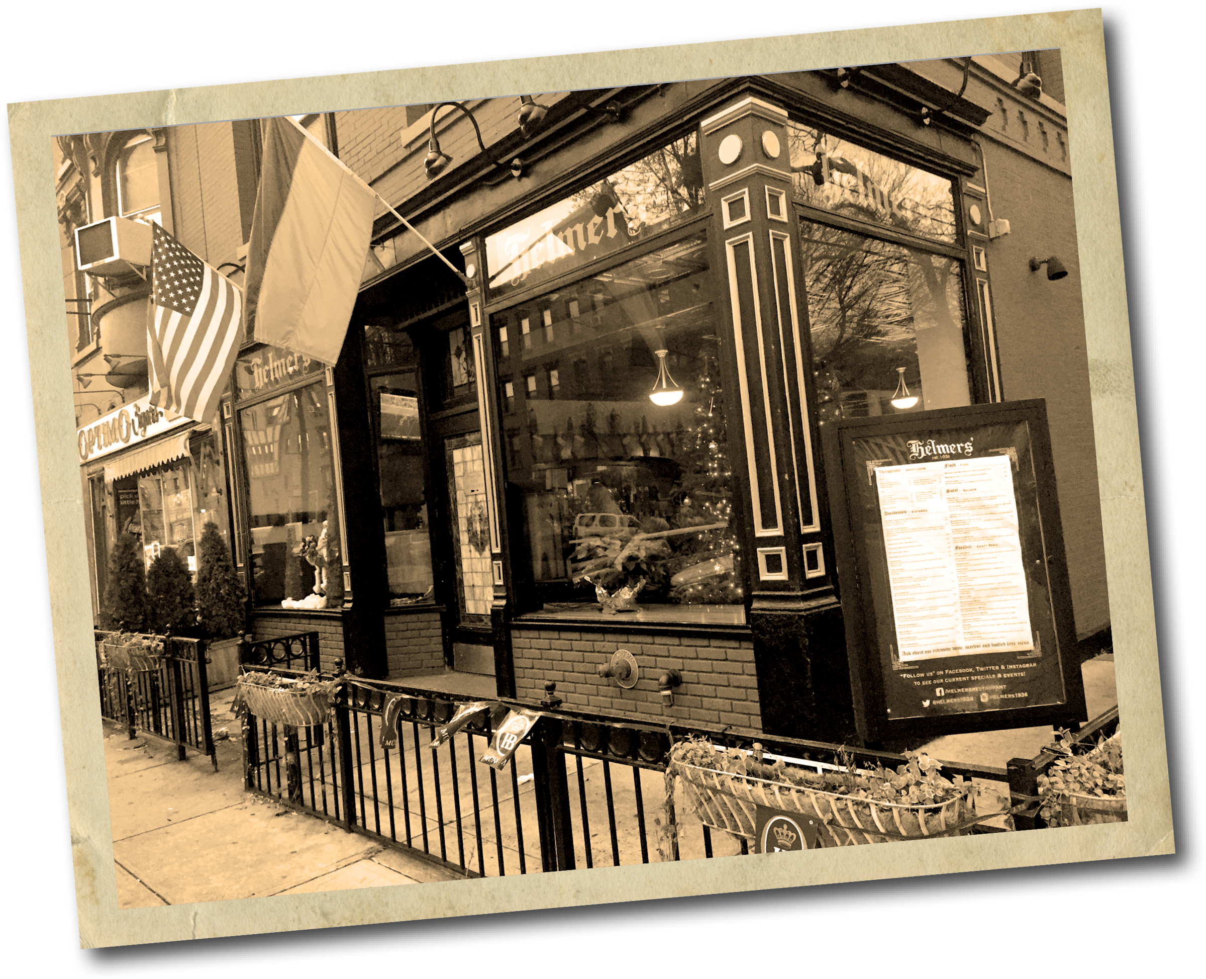 Sepia-toned photo of the exterior of Helmers’ restaurant, with sepia-toned circle near it that says 1936-2014 inscribed inside.