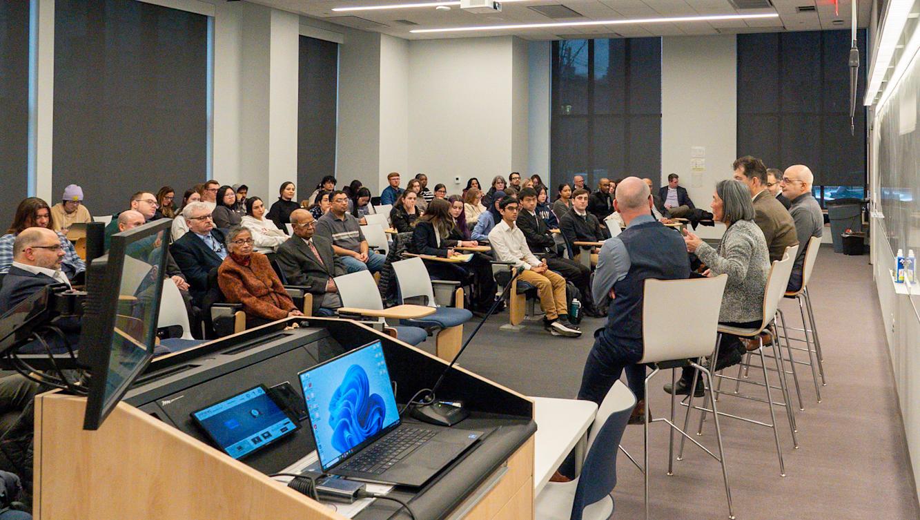 The Stivala Lecture in February included many biotech industry leaders including Pek Lum, the CEO of Auransa. Here, faculty and students engage in a discussion about AI-Powered, Human Data-Guided Discovery in Biotech and Medicine. 