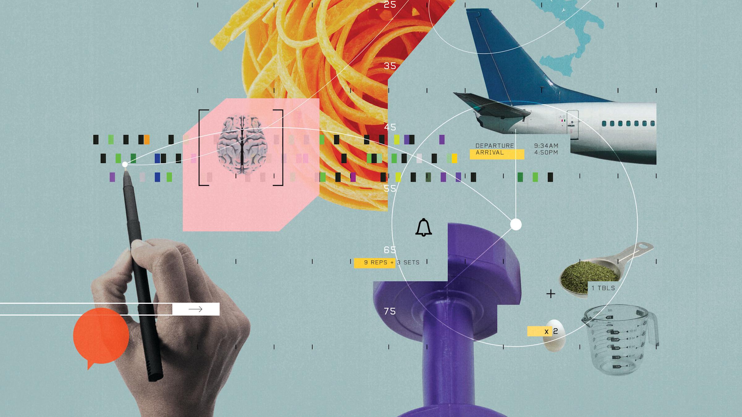 Collage of photos, including pasta, plane tail, and a hand holding a pen. Also, brain.