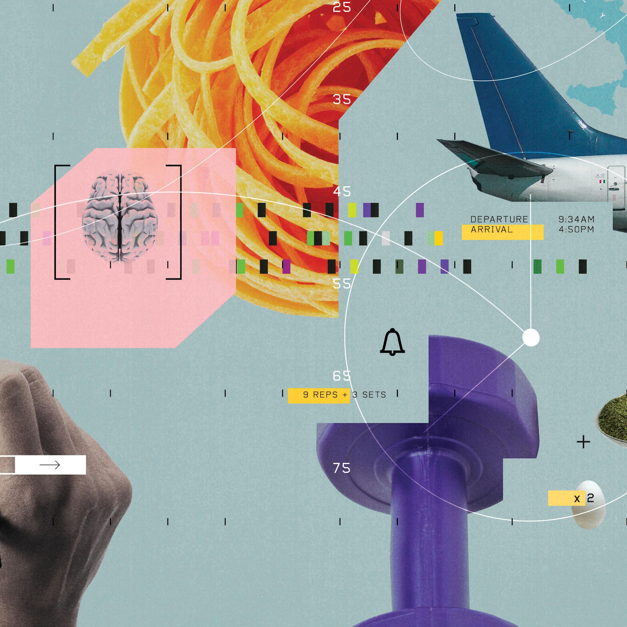 Collage of photos, including pasta, plane tail, and a hand holding a pen. Also, brain.