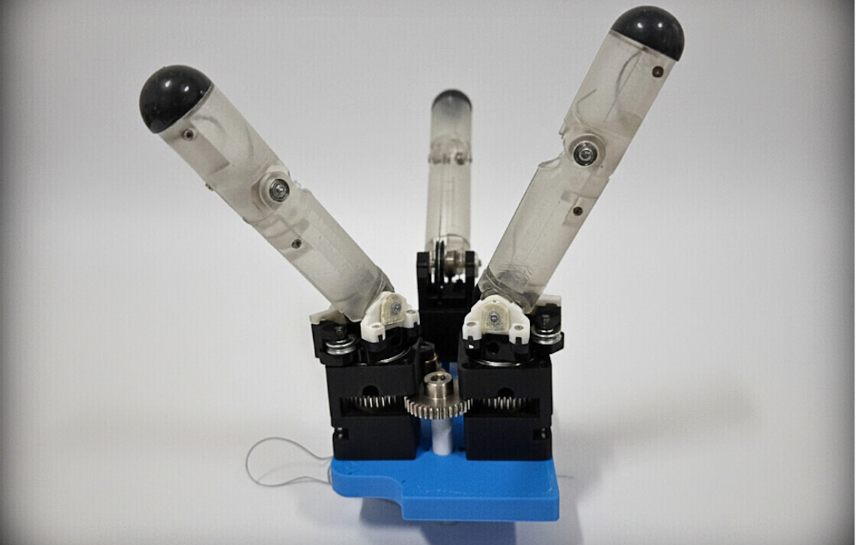 A work-in-progress prototype of the robotic hand in its fully open configuration. The device is being developed to safely assist with medical tasks that require both strength and dexterity. 