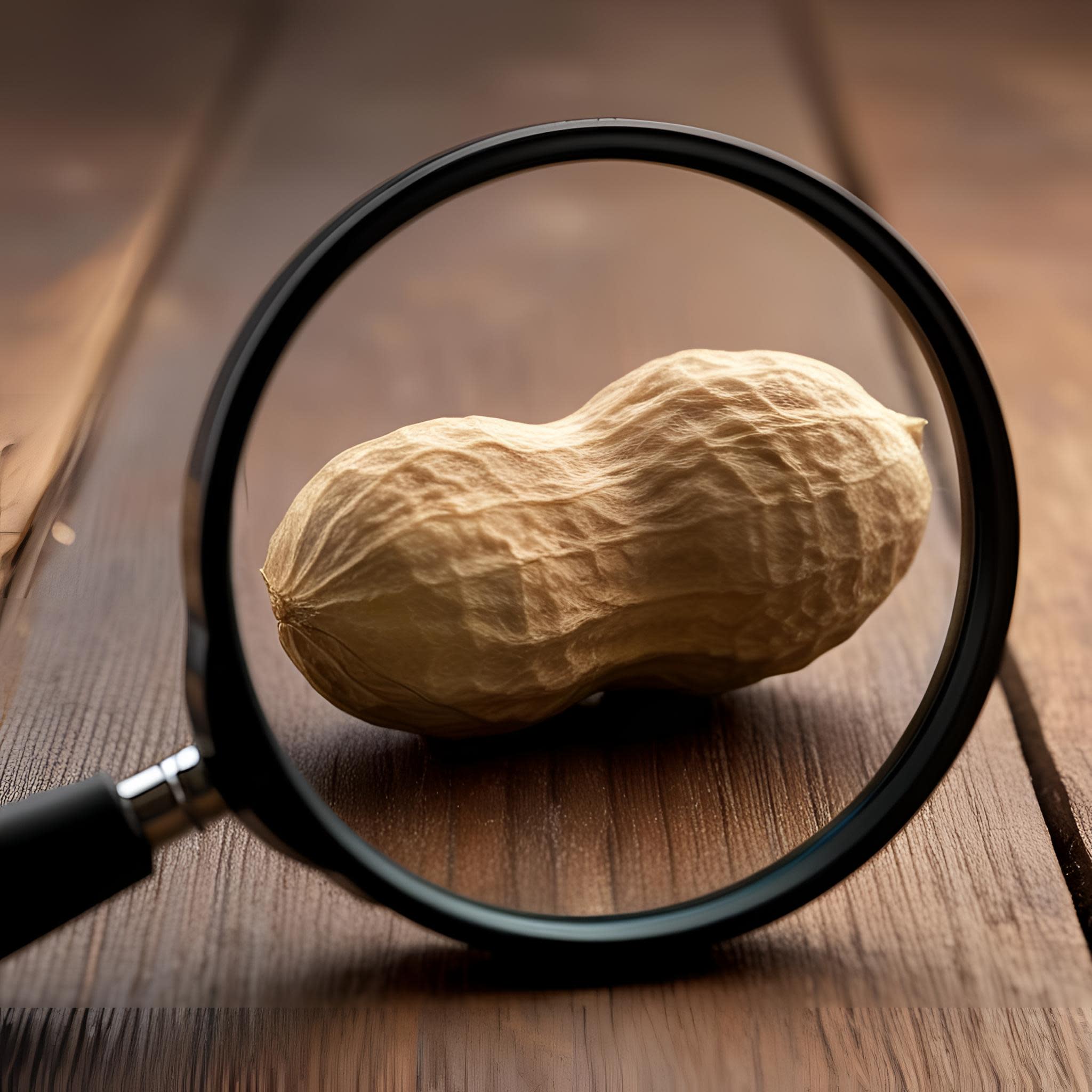 a magnifying glass inspecting a peanut