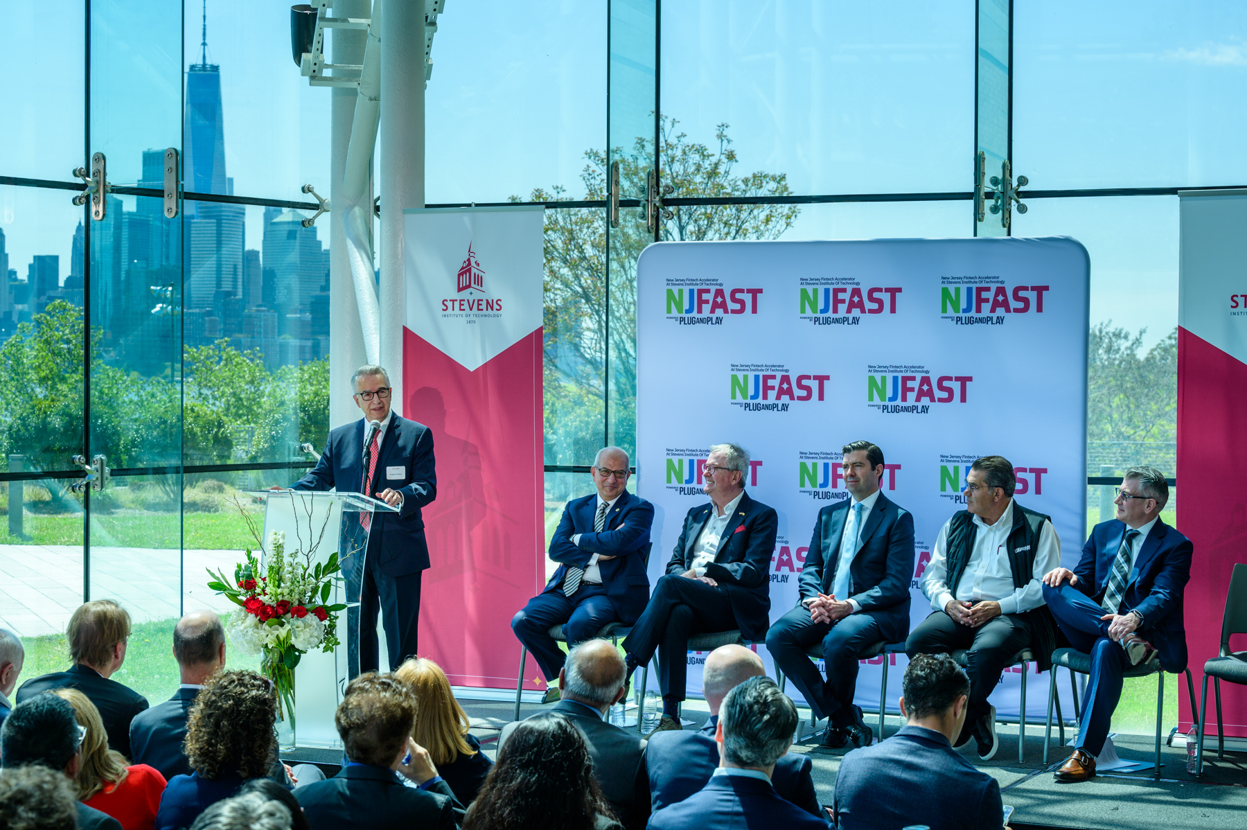 Stevens School of Business Dean Gregory Prastacos speaks during the NJ FAST announcement