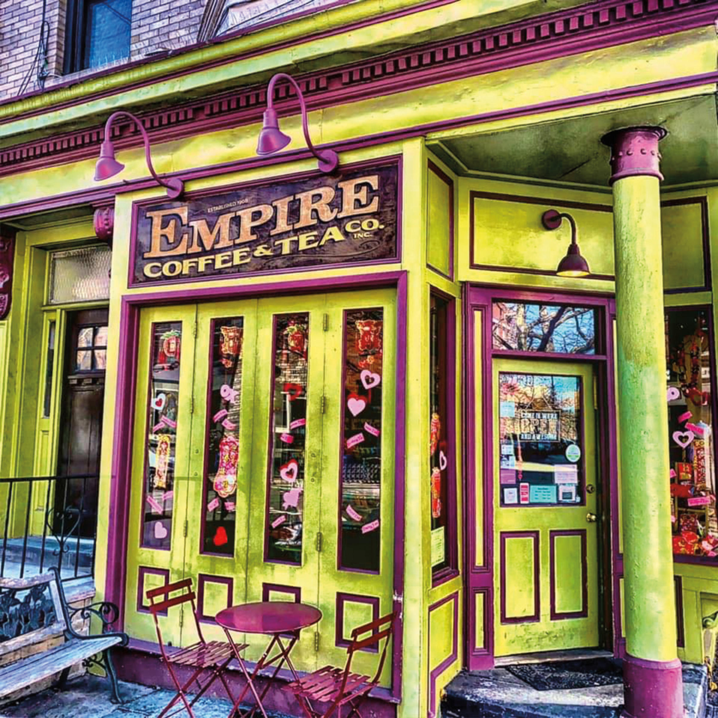 light green and purple-colored storefront of Empire Coffee and Tea Co.