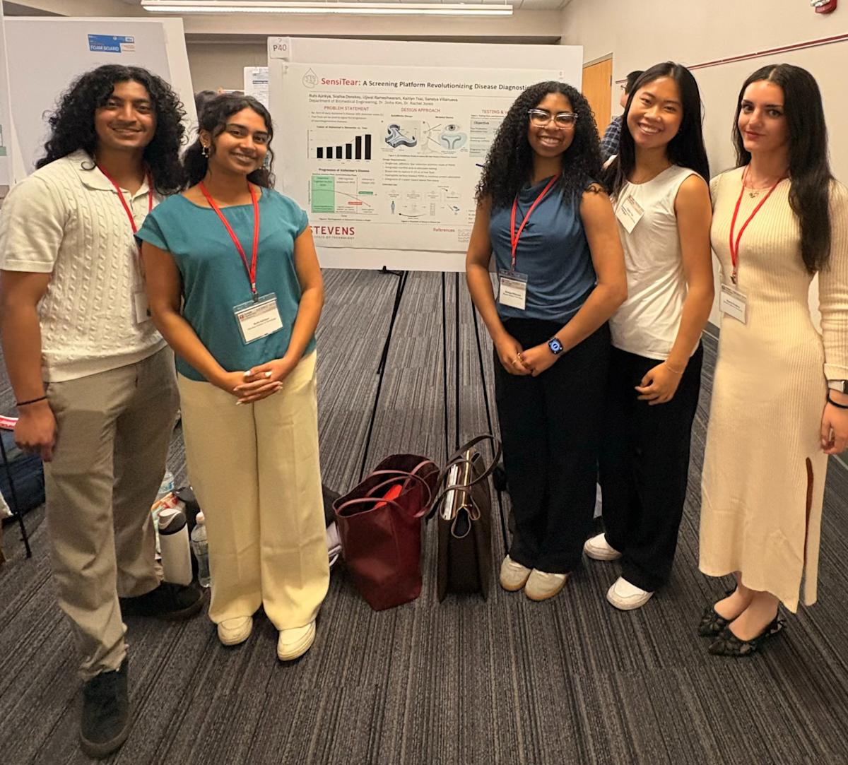 The team presented SensiTear at the Northeastern Bioengineering Conference at Temple University in April 2026. (From left: Ujjwal Rameshwaram, Ruhi Ajinkya, Sanaiya Villanueva, Kaitlyn Tsai and Sophia Donskoy).