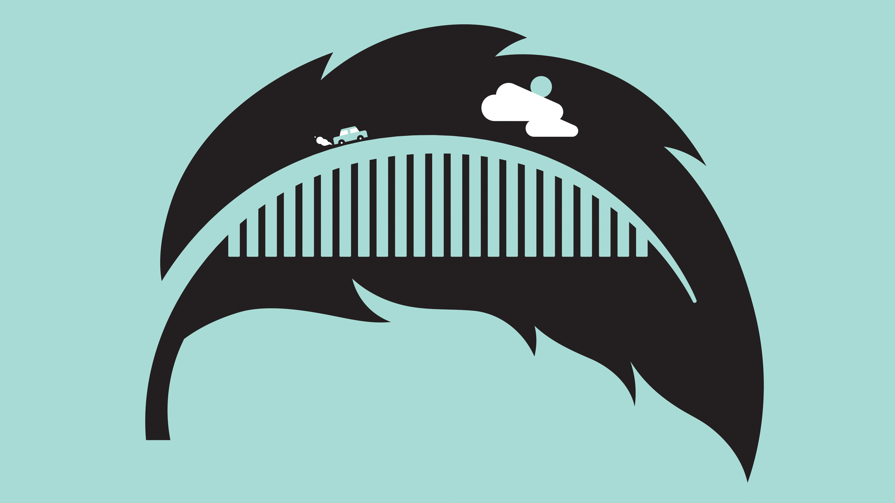 Illustration of a bridge formed out of a leaf with a small car driving on it