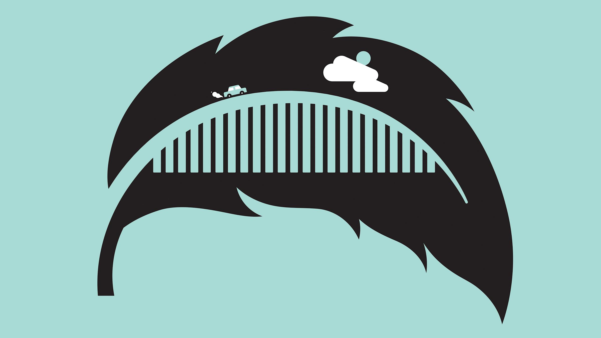 Illustration of a bridge formed out of a leaf with a small car driving on it