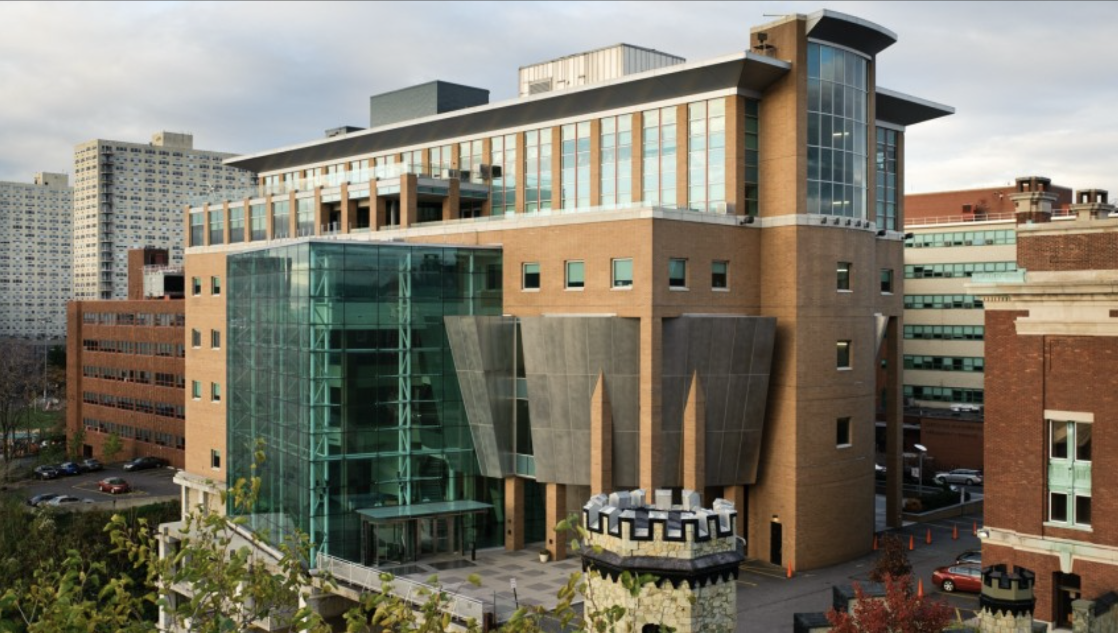 An aerial shot of the Babbio Center