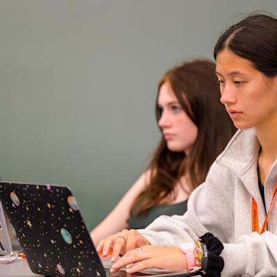 Student working on a laptop during class and 2 classmates use laptops in the background.