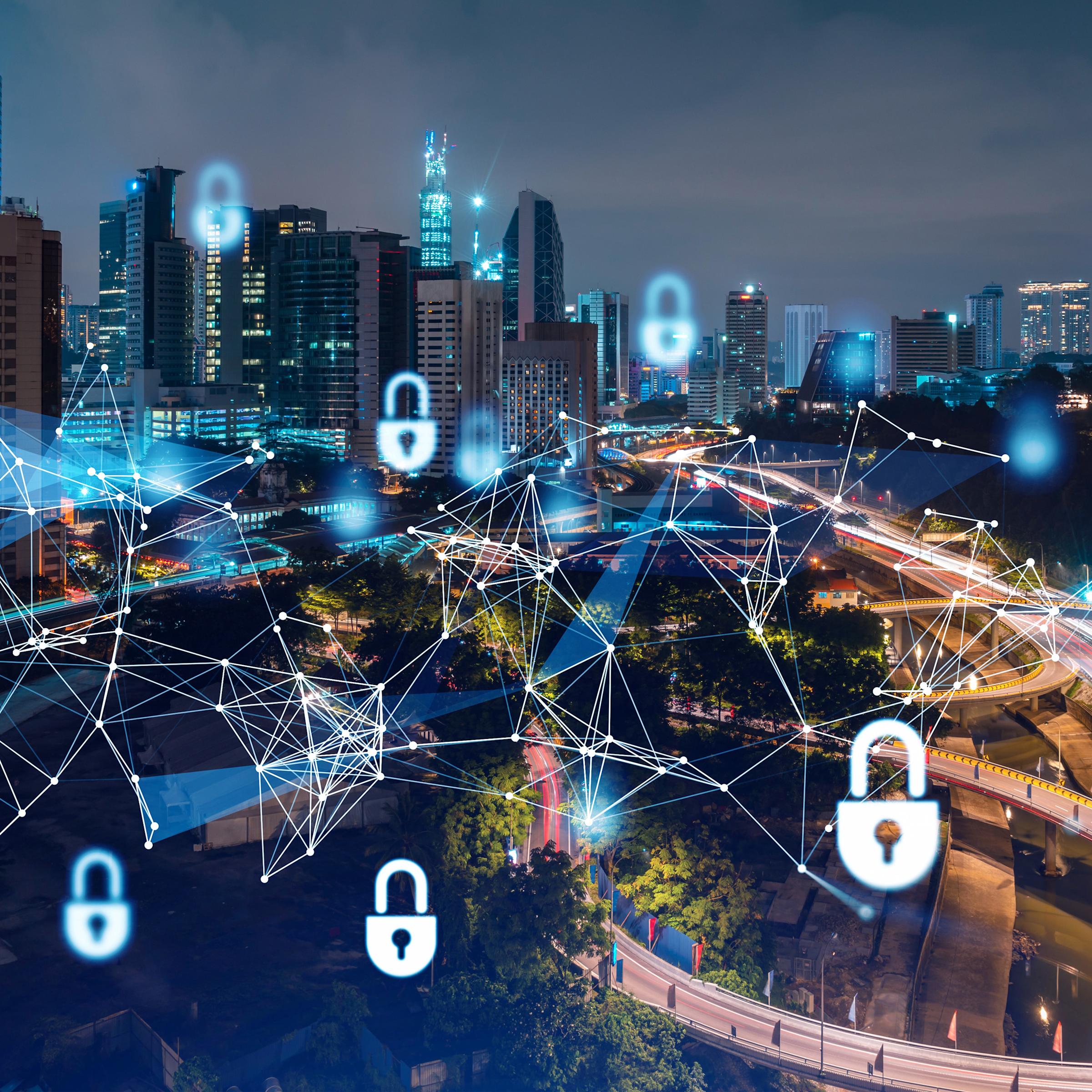 City skyline at night with a matrix web and lock icons superimposed on top.