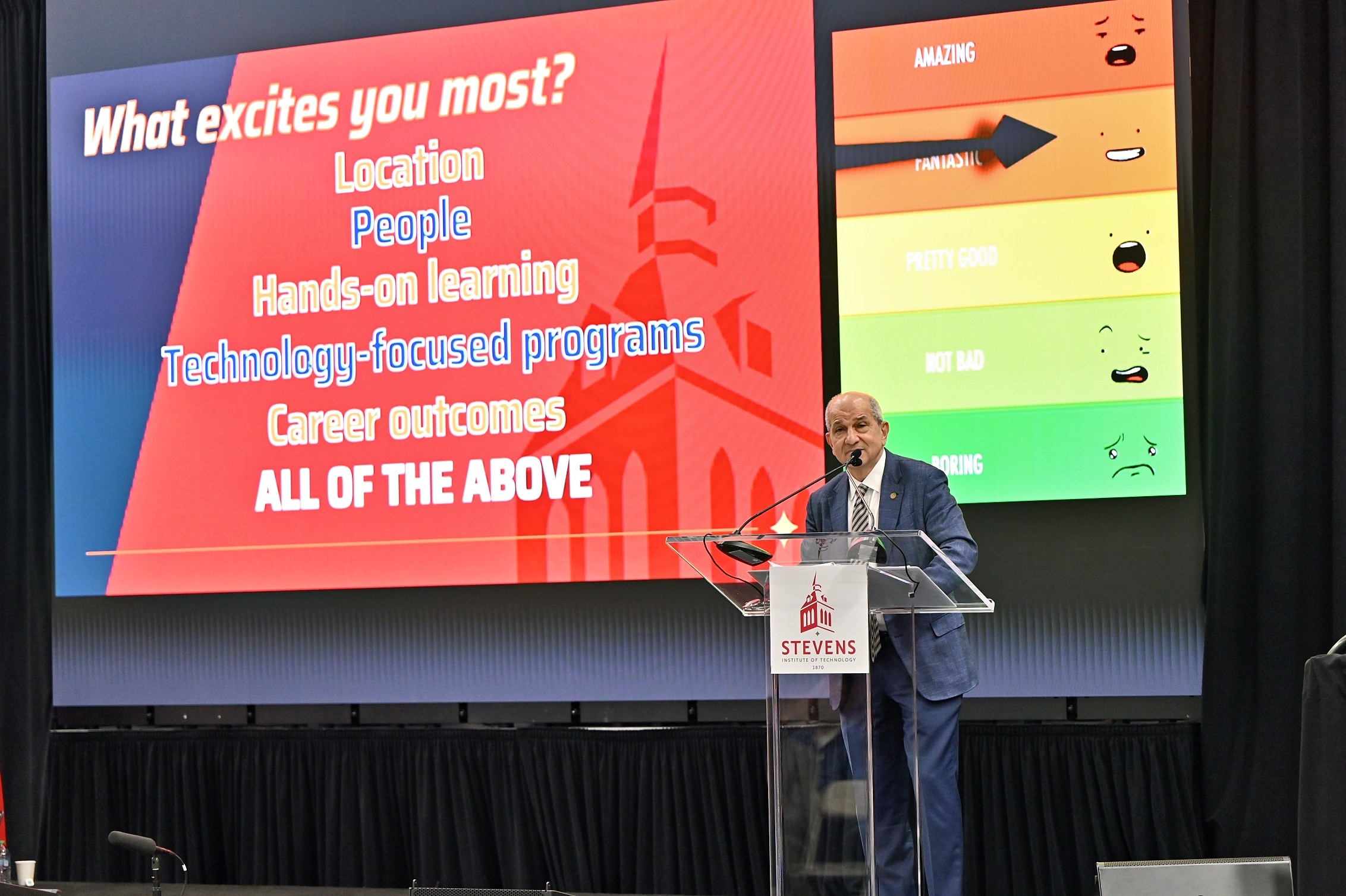 Stevens President Nariman Farvardin stands in front of a screen