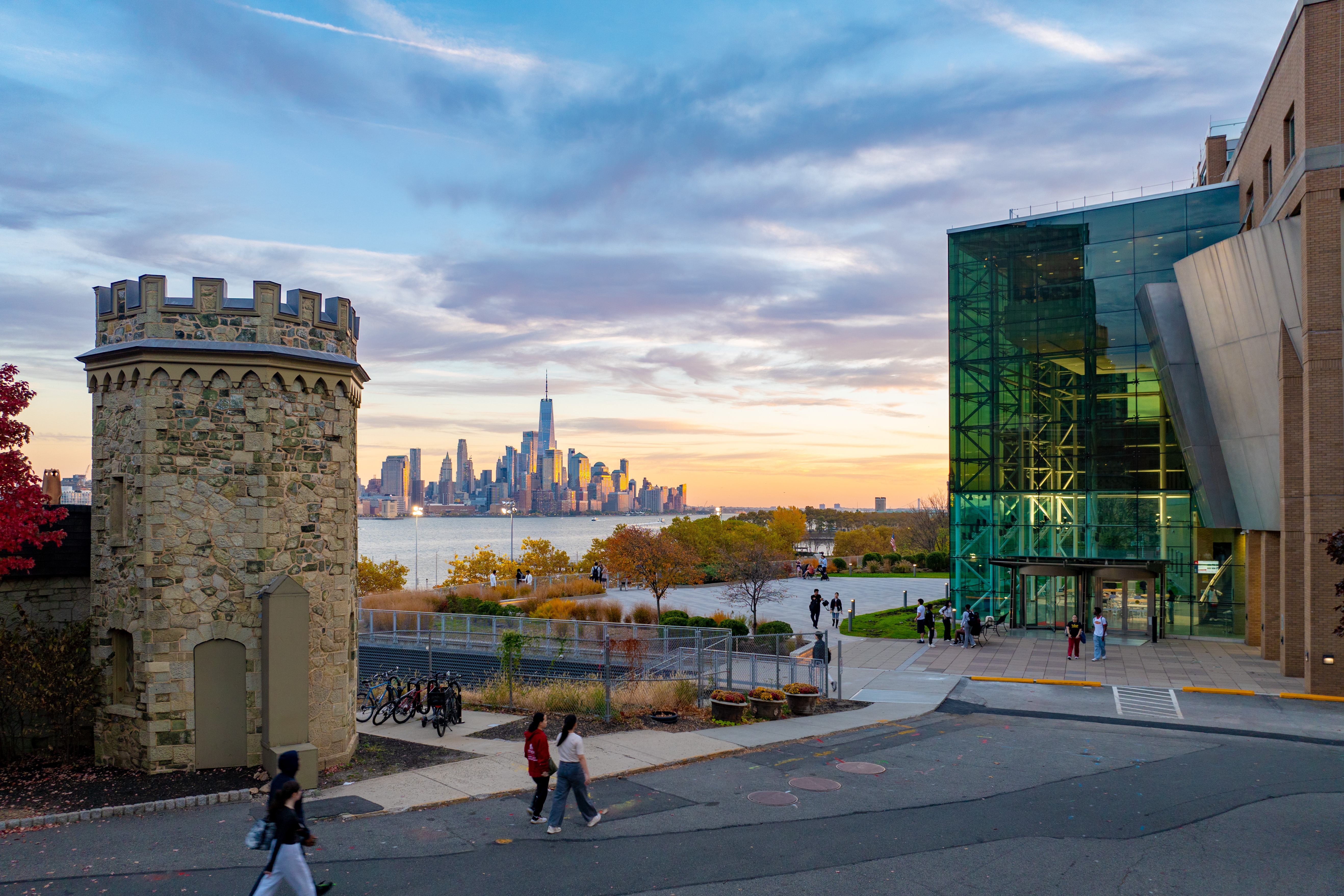 An aerial shot showing the Stevens Gatehouse, Babbio Center and New York City skyline.