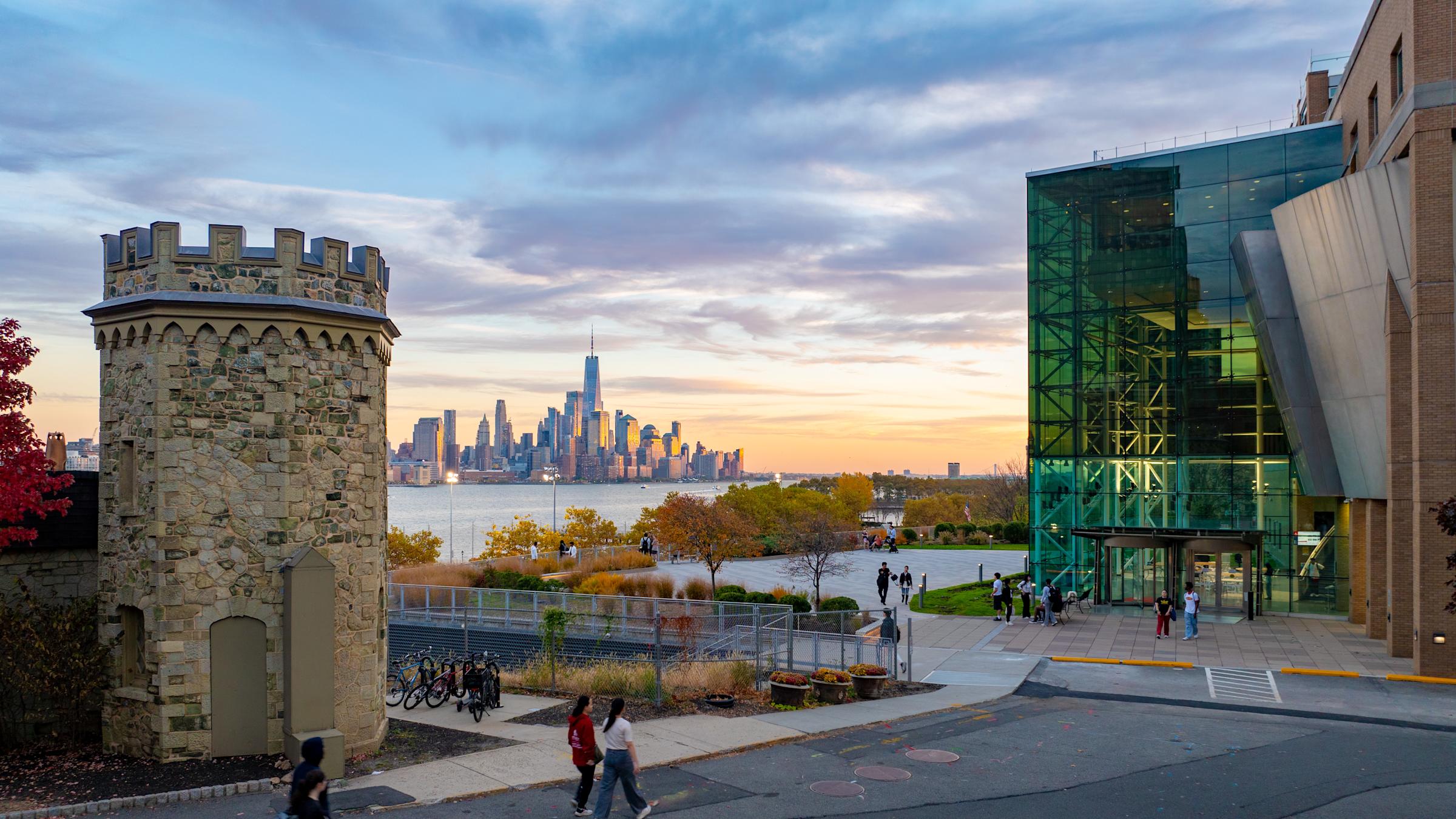 An aerial shot showing the Stevens Gatehouse, Babbio Center and New York City skyline.