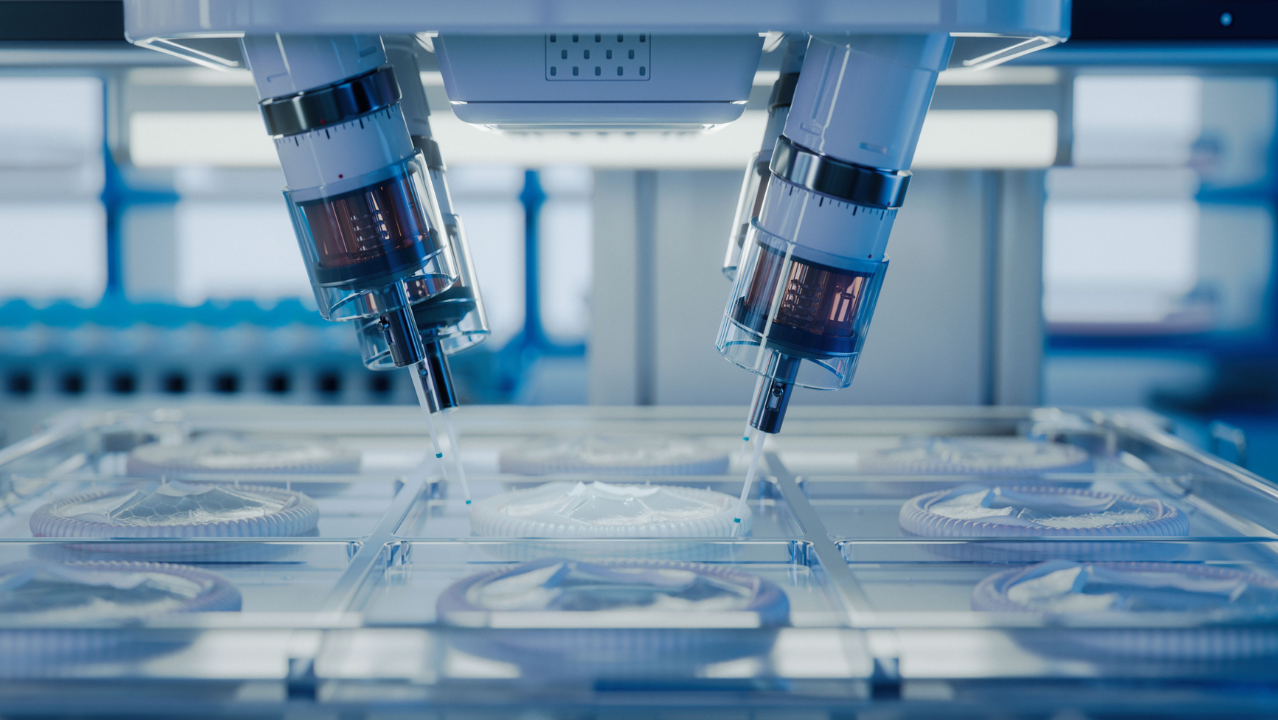 Bioprinting Technology Concept. Advanced Medical Printer Producing Artificial Heart Valves with Biopolymers. Futuristic Laboratory.